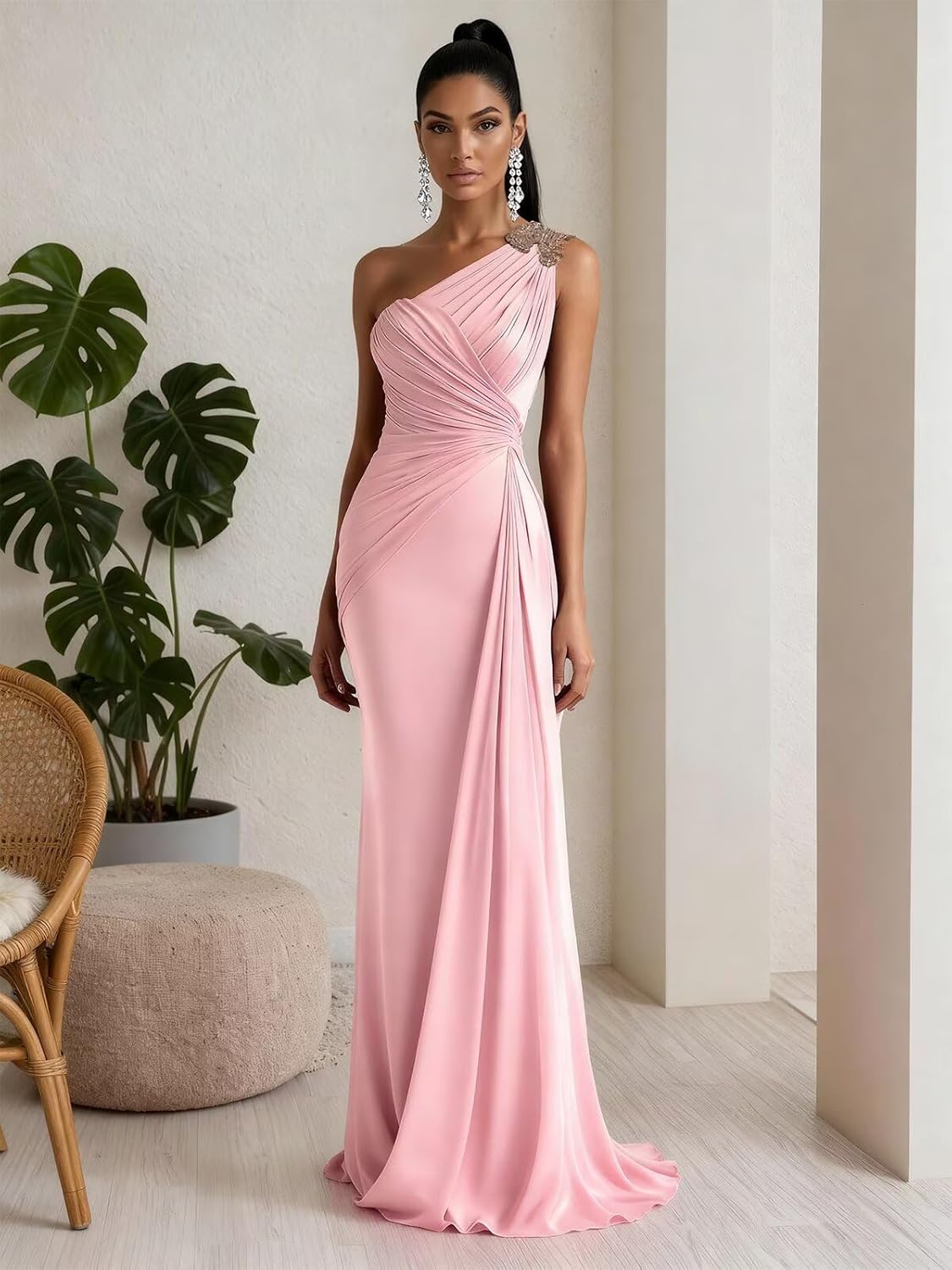 RYANTH One Shoulder Chiffon Bridesmaid Dresses for Women Mermaid Long Prom Dress Pleated Beaded Formal Evening Gowns - Image 4