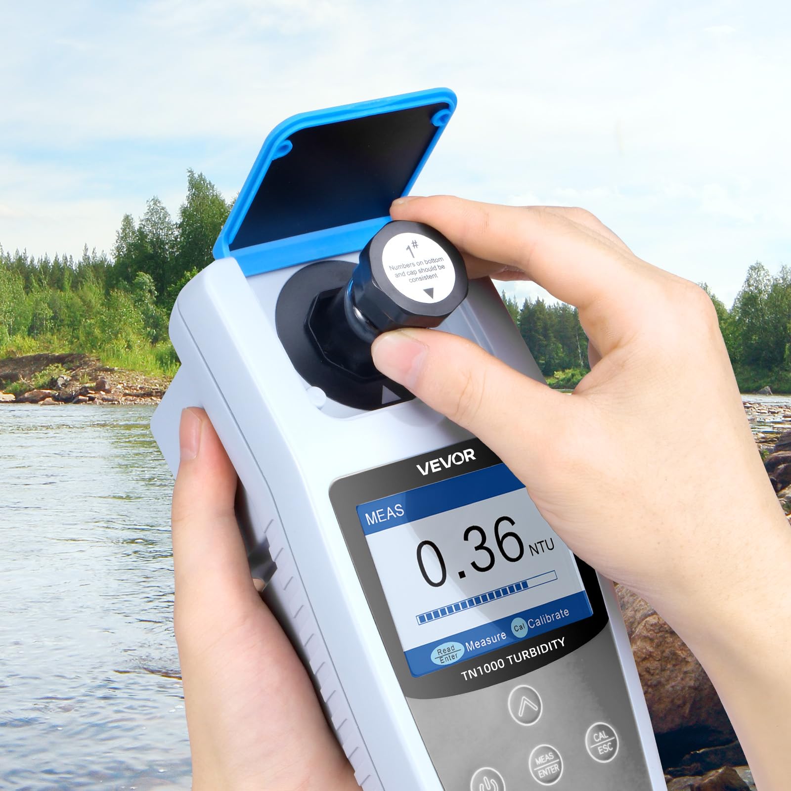 VEVOR Trübungsmessgerät Messbereich 0–1000 NTU, ISO 7027-konform, tragbarer Turbidimeter, schnelles Ablesen, mit Kalibrierlösungen & Probenfläschchen & Tragetasche, für Feld und Anlage