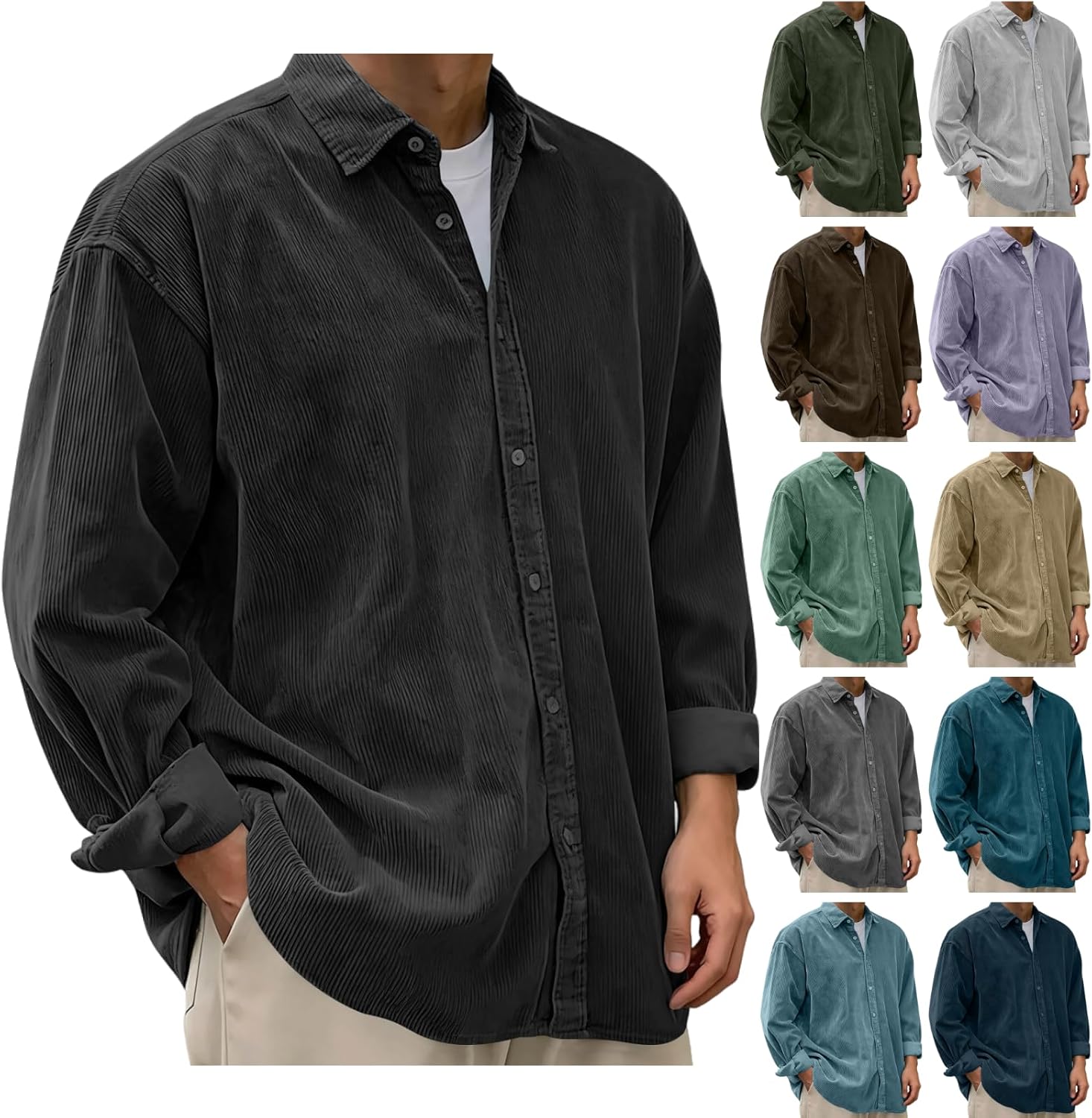 Mens Long Sleeve Shirt Mens Button Down Shirt Collared Long Sleeve Corduroy Shirts Plus Size Lightweight Shacket Casual Fashion Jackets Black
