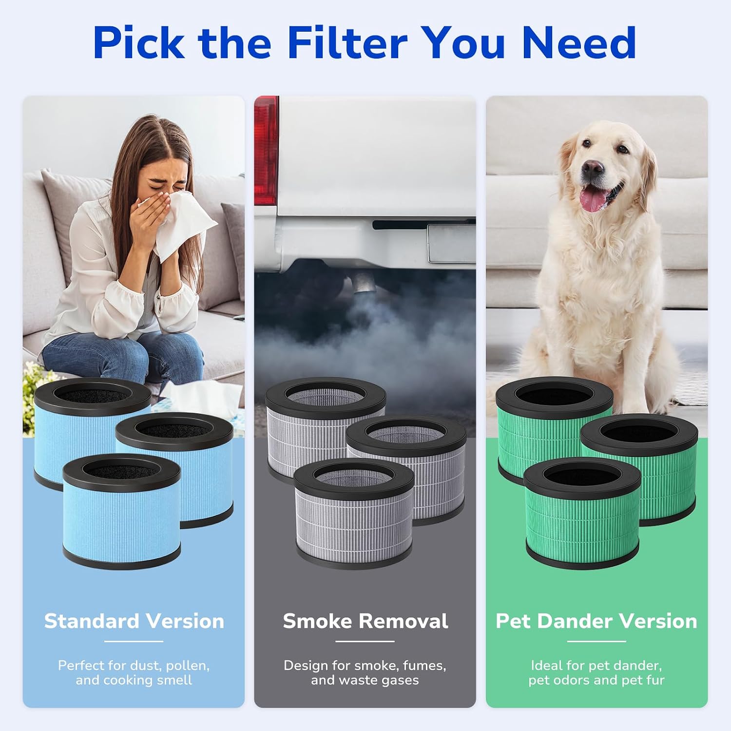Fil-fresh 3-Pack MK01 & MK06 Air Purifier Filter Replacement for AROEVE MK01 & MK06, ToLife TZ-K1, Kloudi DH-JH01 Air Purifier, 4-IN-1 H13 True HEPA & Activated Carbon Filter, Blue
