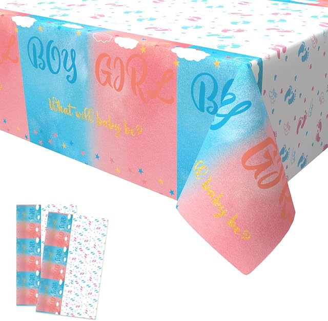 2PCS Gender Reveal Table Cover,Xinvery Blue Pink Party Table Cloth Plastic Disposable Tablecloths for Picnic Birthday Baby Shower Themed Party Table Decorations 137 x 274cm