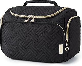 BAGSMART Travel Toiletry Bag for Women, Cosmetic Bag Makeup Bag Organizer with Handle, Travel Bag for Toiletries, Travel Accessories, Full Sized Container, Black, Medium, Fashion
