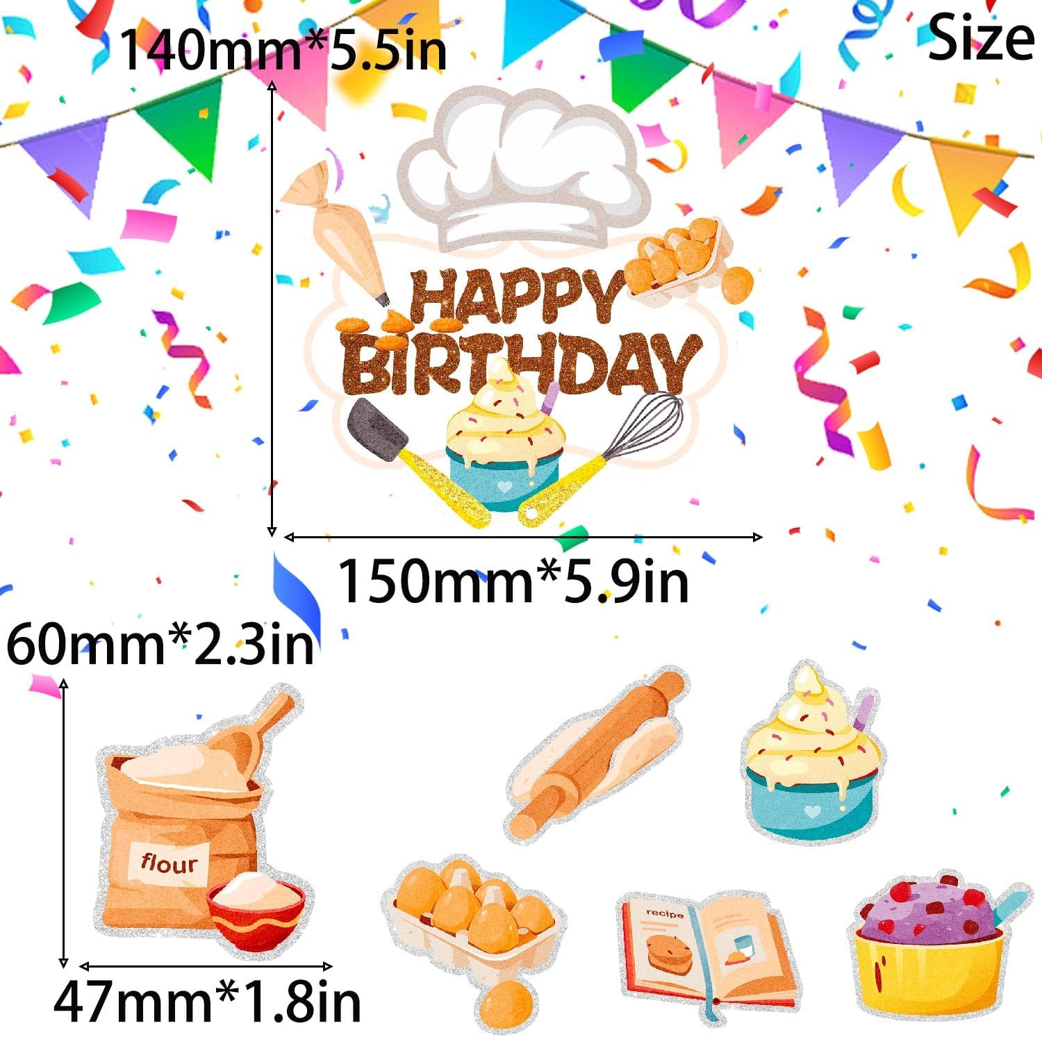 Baking Themed Happy Birthday Cake Toppers for Kids - Great baker birthday party, baby shower party, dessert party decoration for boys and girls - SugarGera