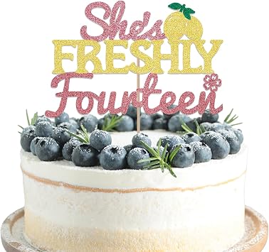 Lemon Sweet 14th Birthday Decor, Shes Freshly Fourteen Cake Topper, Cheers to 14 Years Old Birthday & Anniversary Party Cake Decorations Supplies Rose Gold Glitter