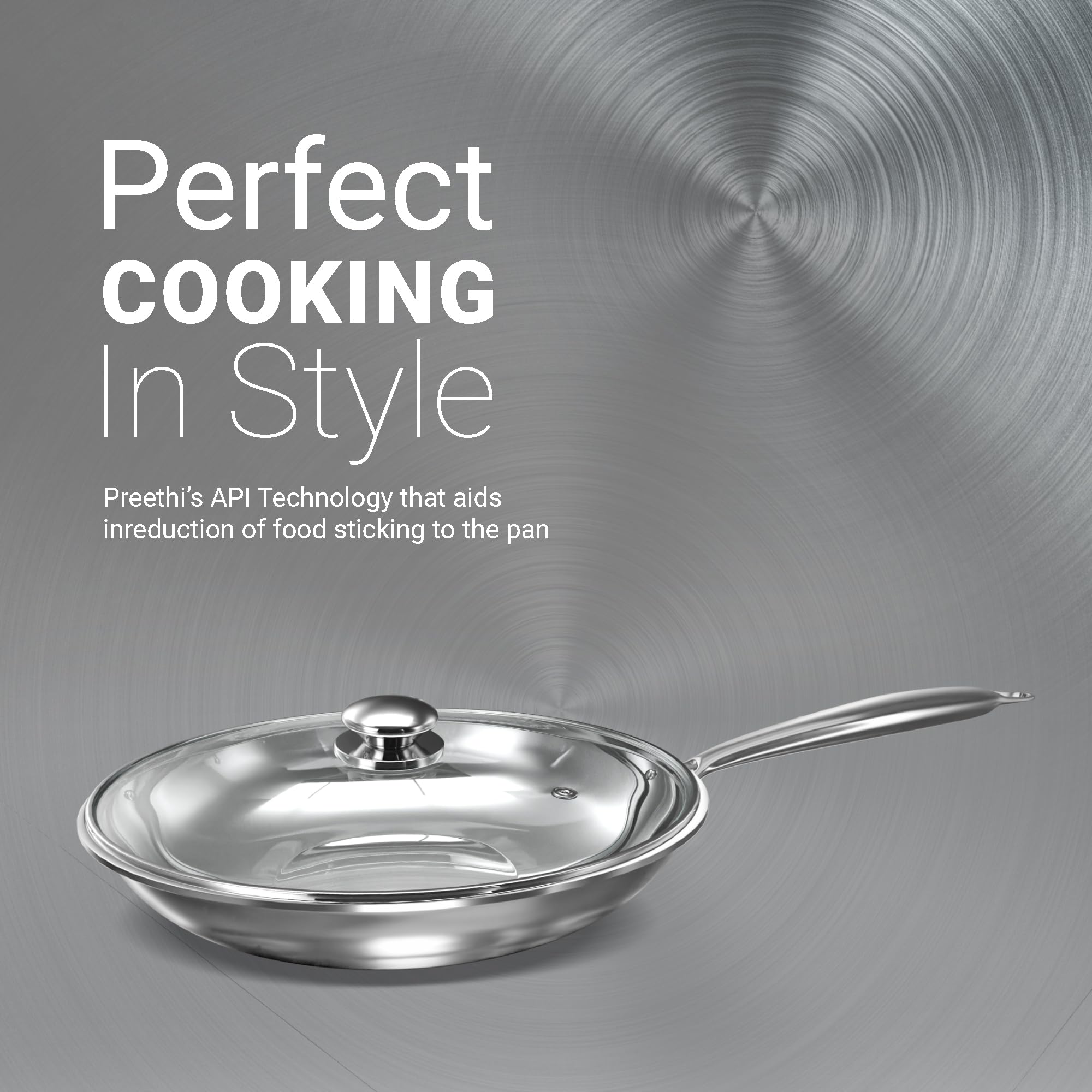 Preethi Metallica Collection Triply Stainless Steel Frypan with Glass Lid, 26 cm, Gas & Induction Compatible, Metal Spatula Friendly 3