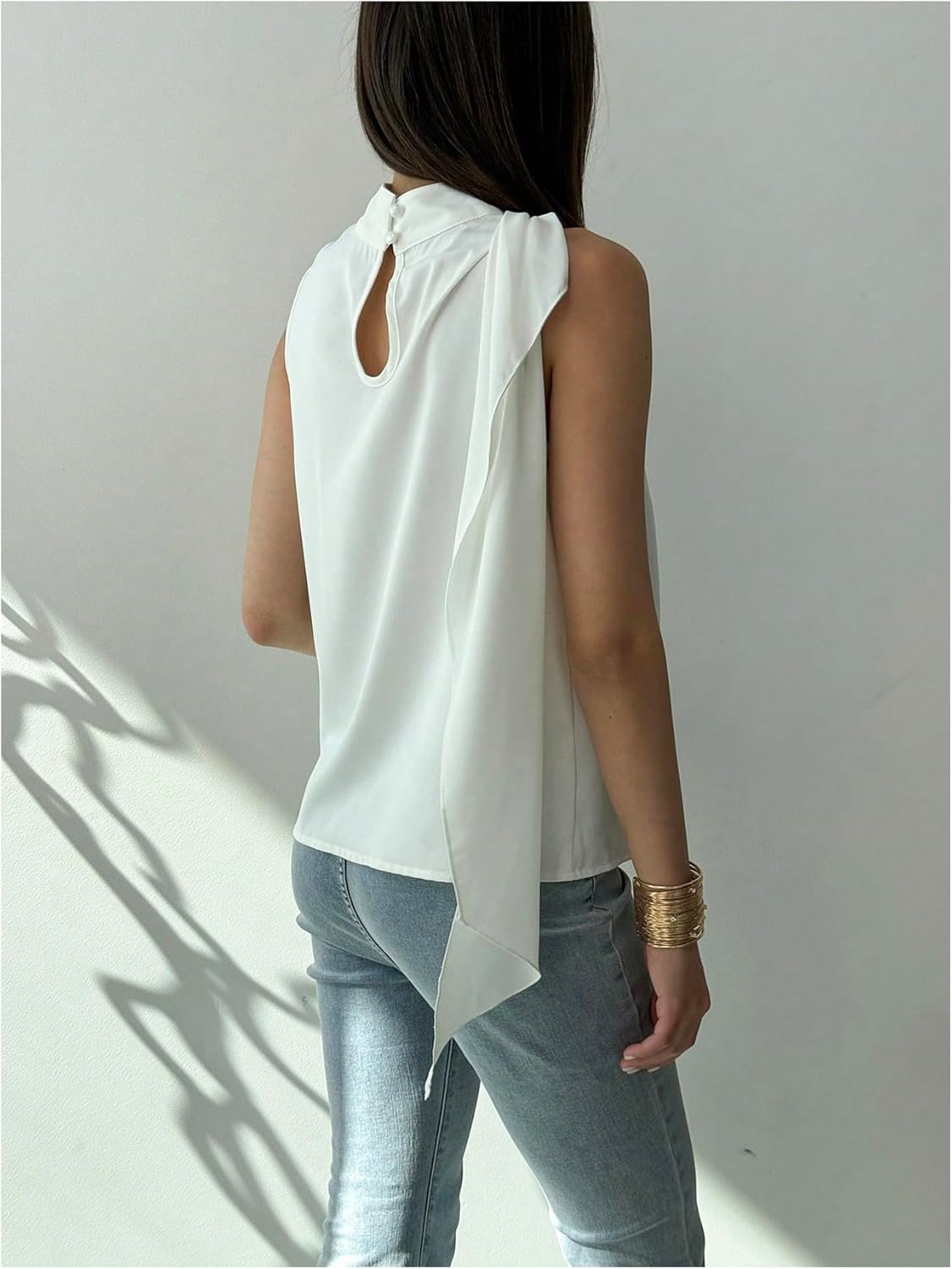 MakeMeChic Women's Sleeveless Mock Neck Ruched Blouse Tank Tops Summer Shirt - Image 2