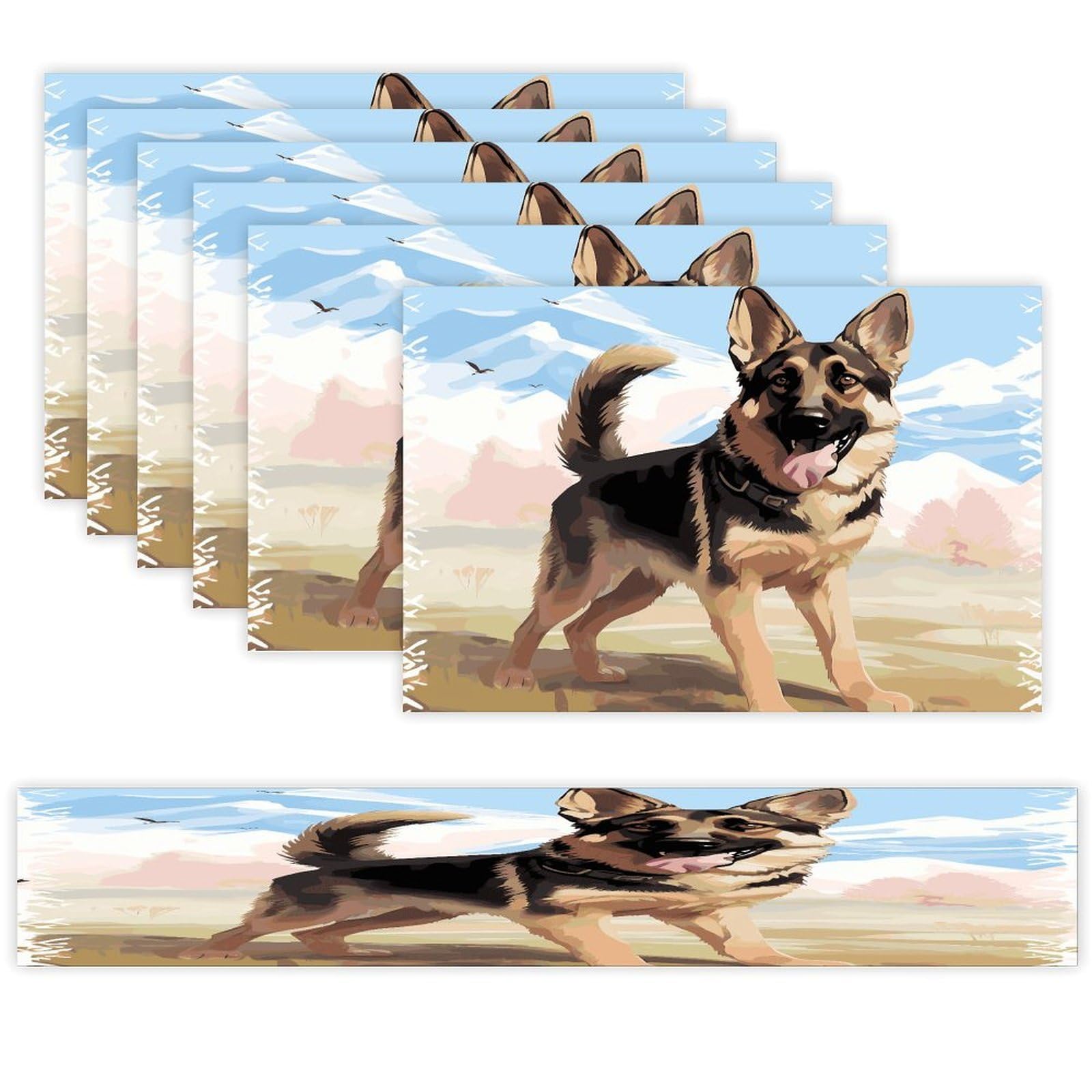 German Shepherd Dog Lovers Table Runner and Placemats Set of 6 for Kitchen Washable Table Mats Heat Resistant Place Mats Non-Slip Place Mat Wipeable Placemat(6 Placemats+1 Table Runner)
