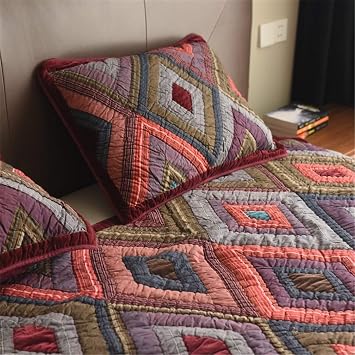 Quilted Bedspread Set 3 PCS Dark Red Retro Handmade Patchwork Coverlet Geometric Pattern Comforter Bedding Set with 2*Pillowcase,264x233cm
