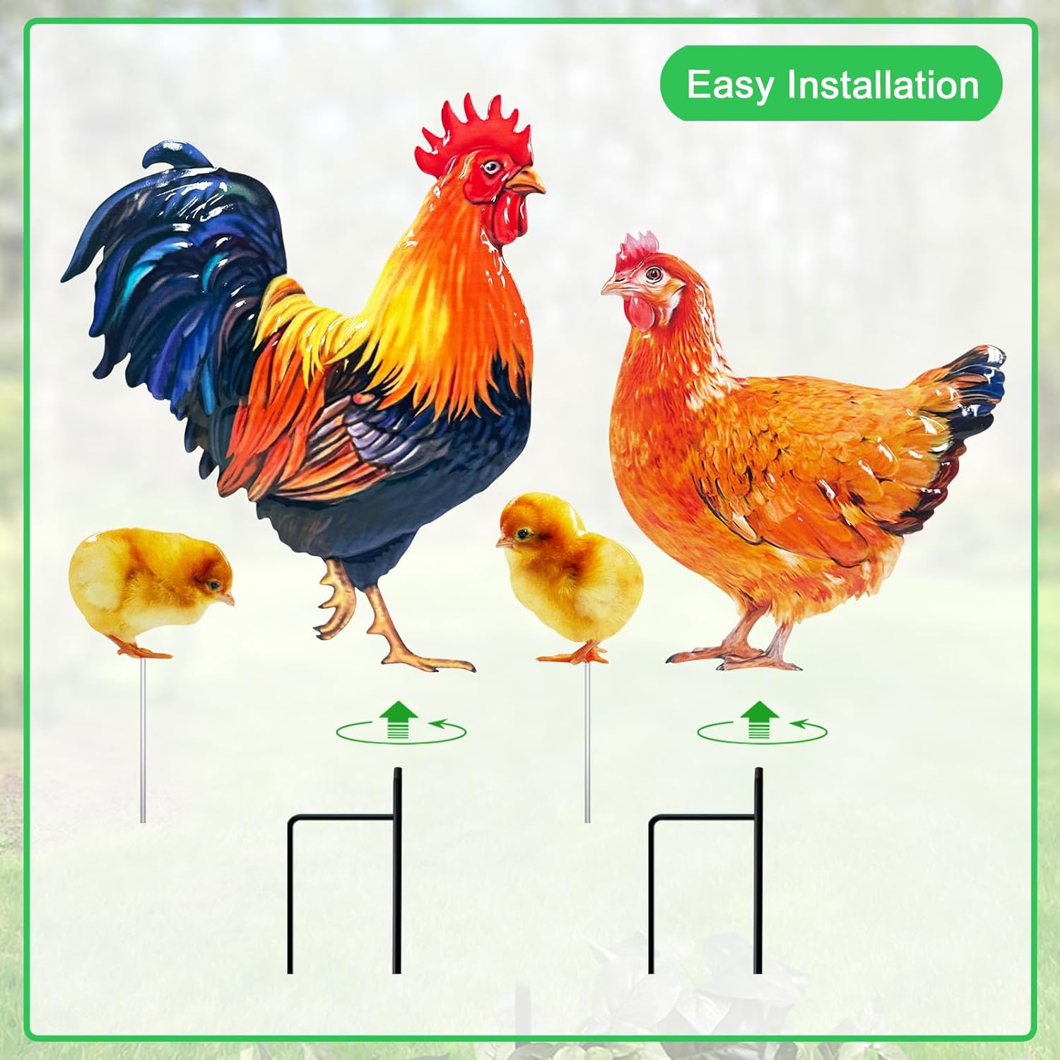 Metal Chicken Outdoor Decor,4 Pack Realistic Hen and Rooster Yard Stakes for Outside,Patio,Garden and Lawn Ornaments