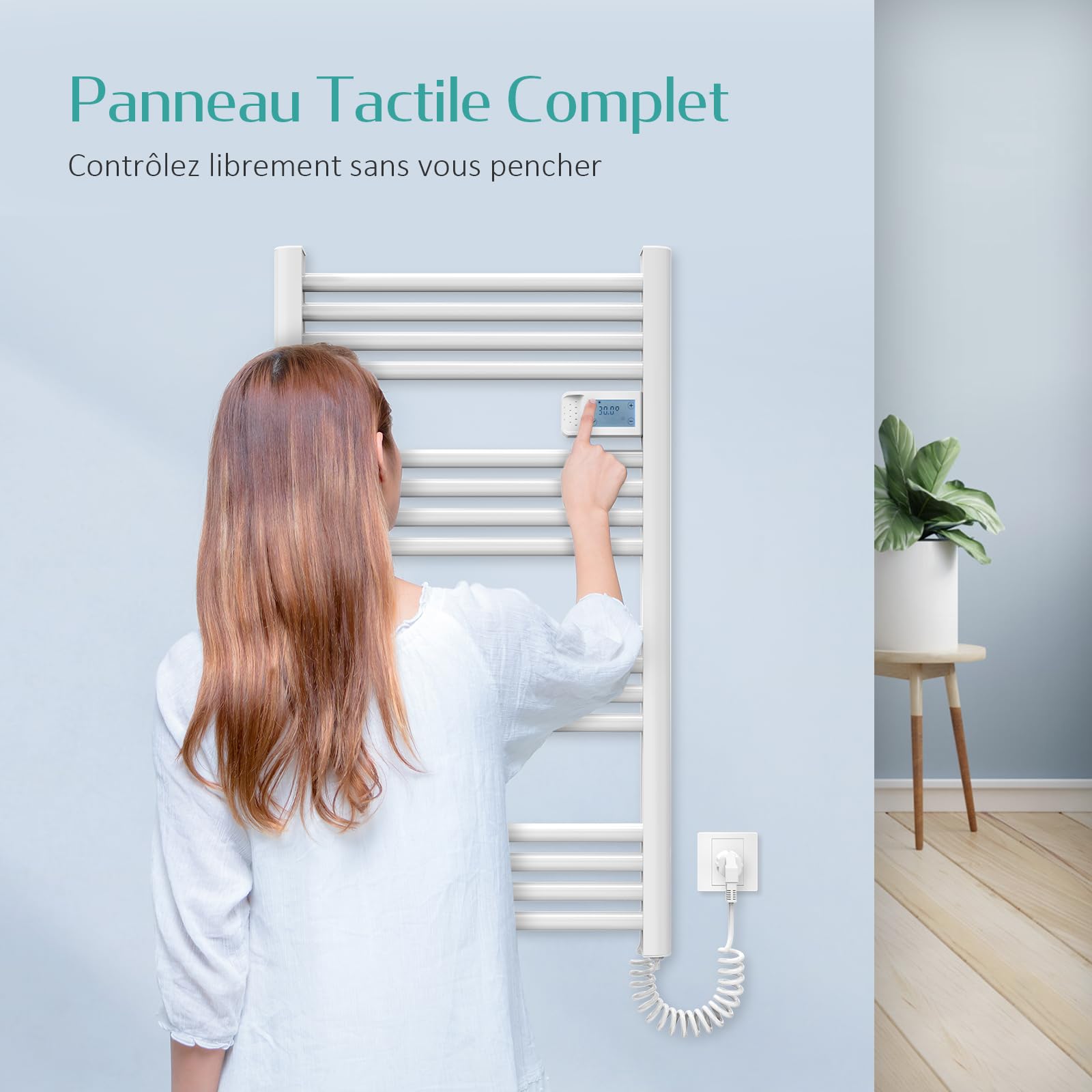 EMKE Seche serviette electrique 96 x 54 cm,500 W, Radiateur salle de bain avec Contrôleur d'affichage numérique, droit Sèche-serviettes électrique (Blanc)