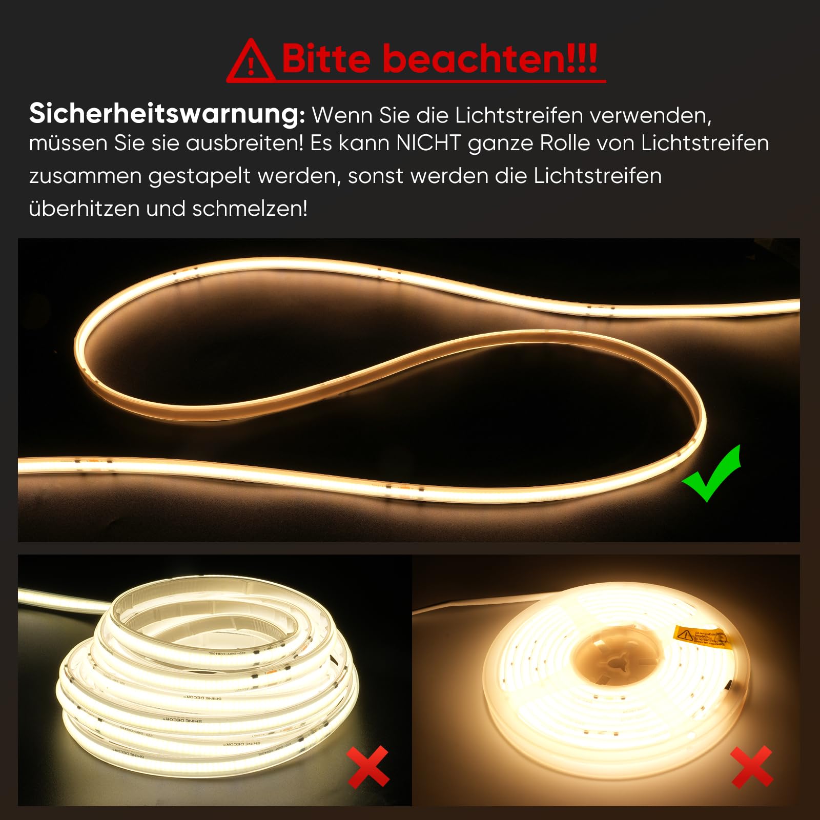 Shine Decor COB LED Streifen 5m, AC 230V IP67 Wasserdicht Flexible LED-Neon Lichterketten, 432 leds/m Ultrahelle Strip Light Band für Innen Außen Beleuchtung (3000K Warmweiß)