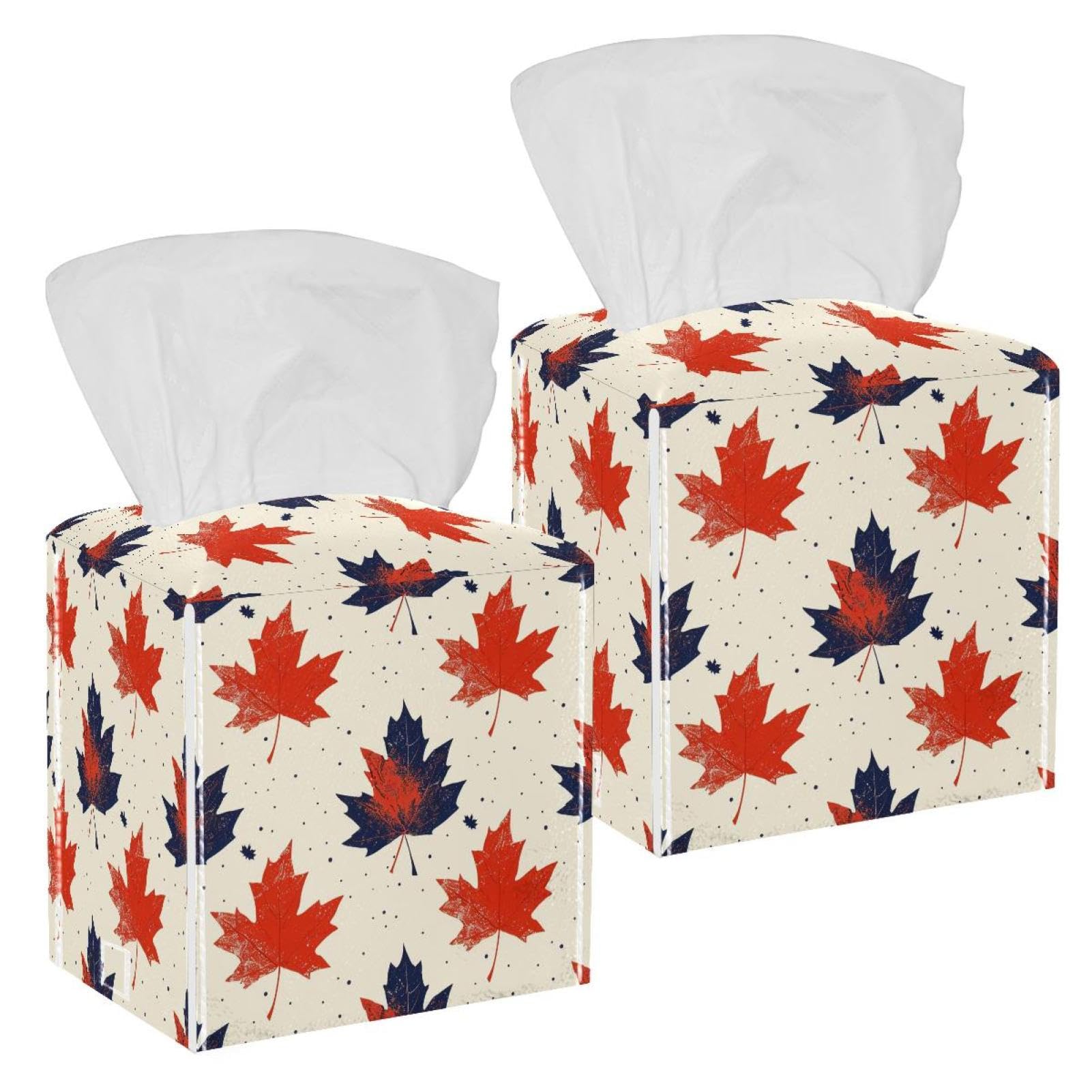 Ink Maple Leaf Tissue Box Cover, 2 Pack PU Leather Square Facial Tissue Dispenser Box holder for Home Office Car
