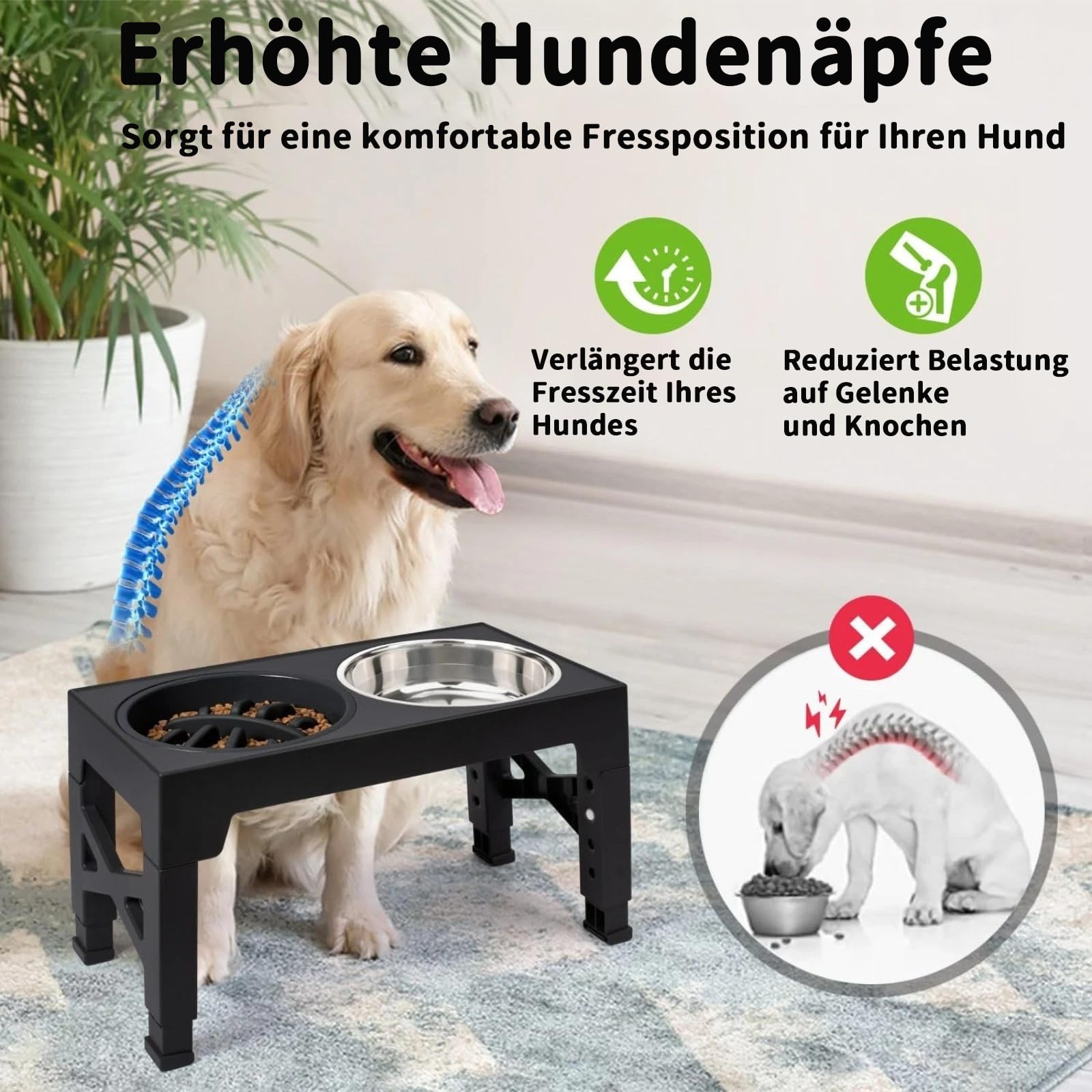 Gamelle surélevée pour chien, 5 hauteurs réglables, pour chiens de petite, moyenne et grande taille, 2 grands bols en acier inoxydable épais, 1 gamelle antidérapante lente (2 gamelles en acier