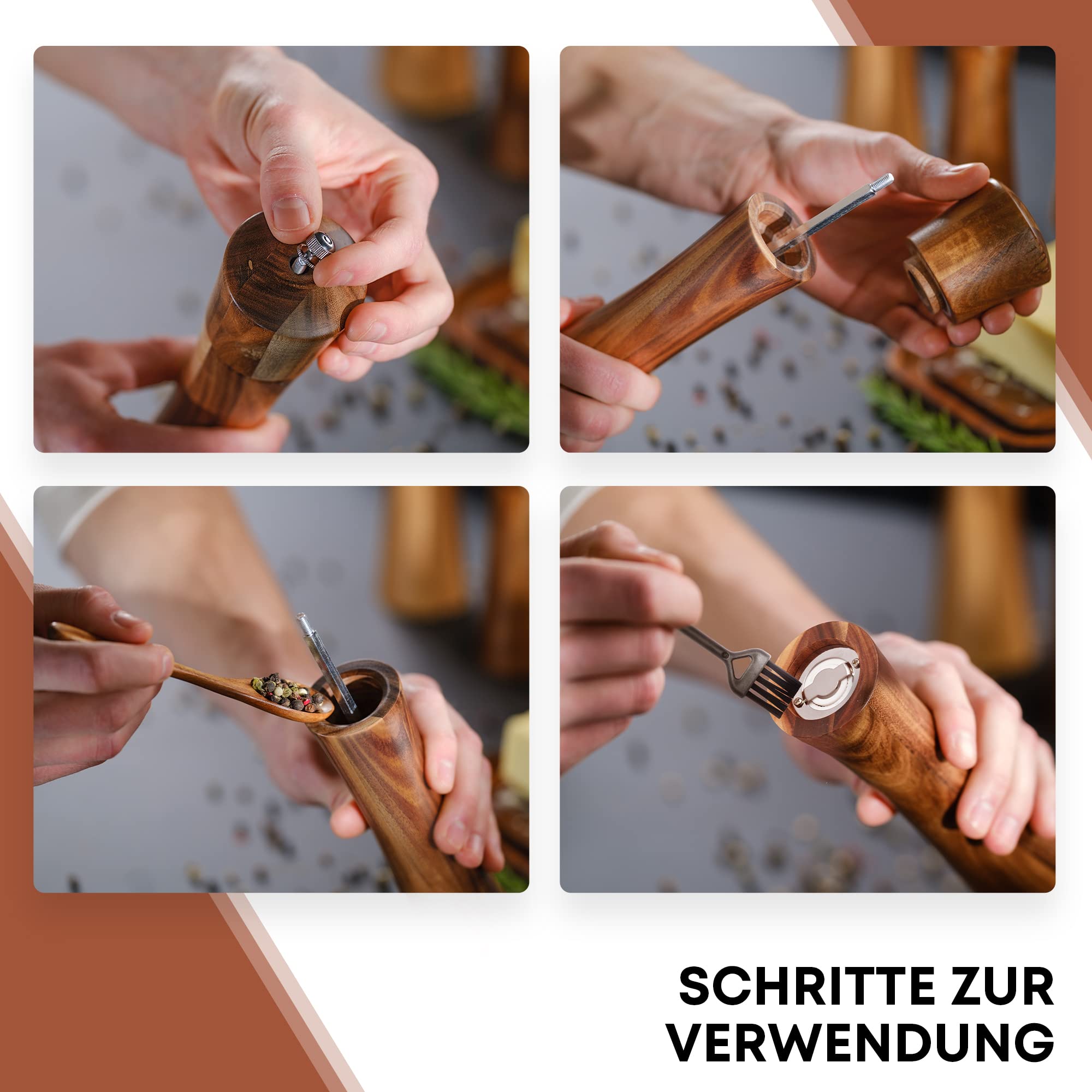 WALDLAND® Salz und Pfeffermühle aus Holz mit Untersetzer Gross (21 cm) | Gewürzmühlen mit hochleistungs - Keramikmahlwerk | Pfeffer und Salzmühle Set