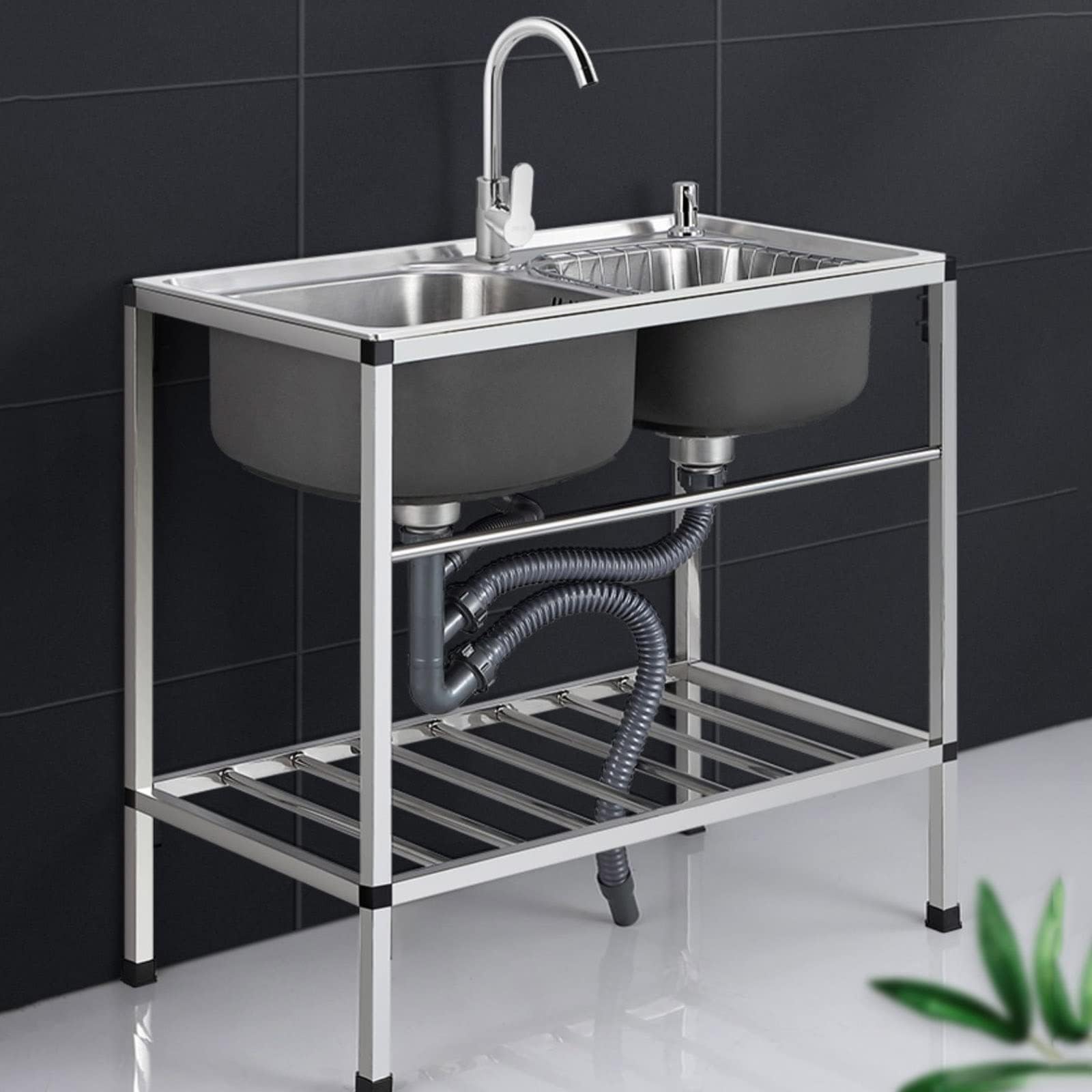 LMYSXAOZ Double Bowl Sink Workstation Kitchen for Laundry Garage Indoor Outdoor Prep Utility Catering Industrial