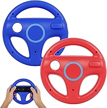 Volante para Nintendo Wii y Wii U, PowerLead 2 pcs Blanc Racing Wheel Compatible con Mario Kart, Rueda del Controlador de Juego para Nintendo Wii Remote Game-Rojo y Azul