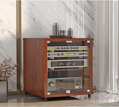 Modern Media Storage Cabinet with Tempered Glass Doors - AV Rack Gaming Console Stand, Audio Video Stereo TV Unit with Adjustable Shelves for Living RoomRed,57x55x60cm