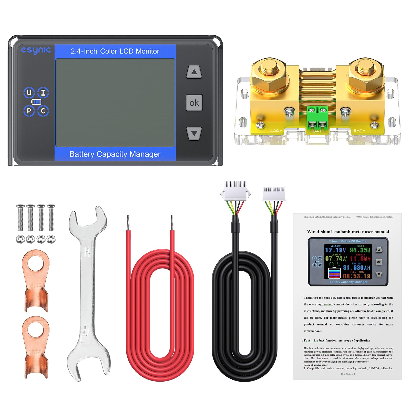 eSynic Monitor de batería profesional con rango de derivación de 10 V-120 V y hasta 500 A-2.4 pulgadas, pantalla LCD de retroiluminación a color para plomo ácido/LiFePO4/alarma de bajo voltaje, solo