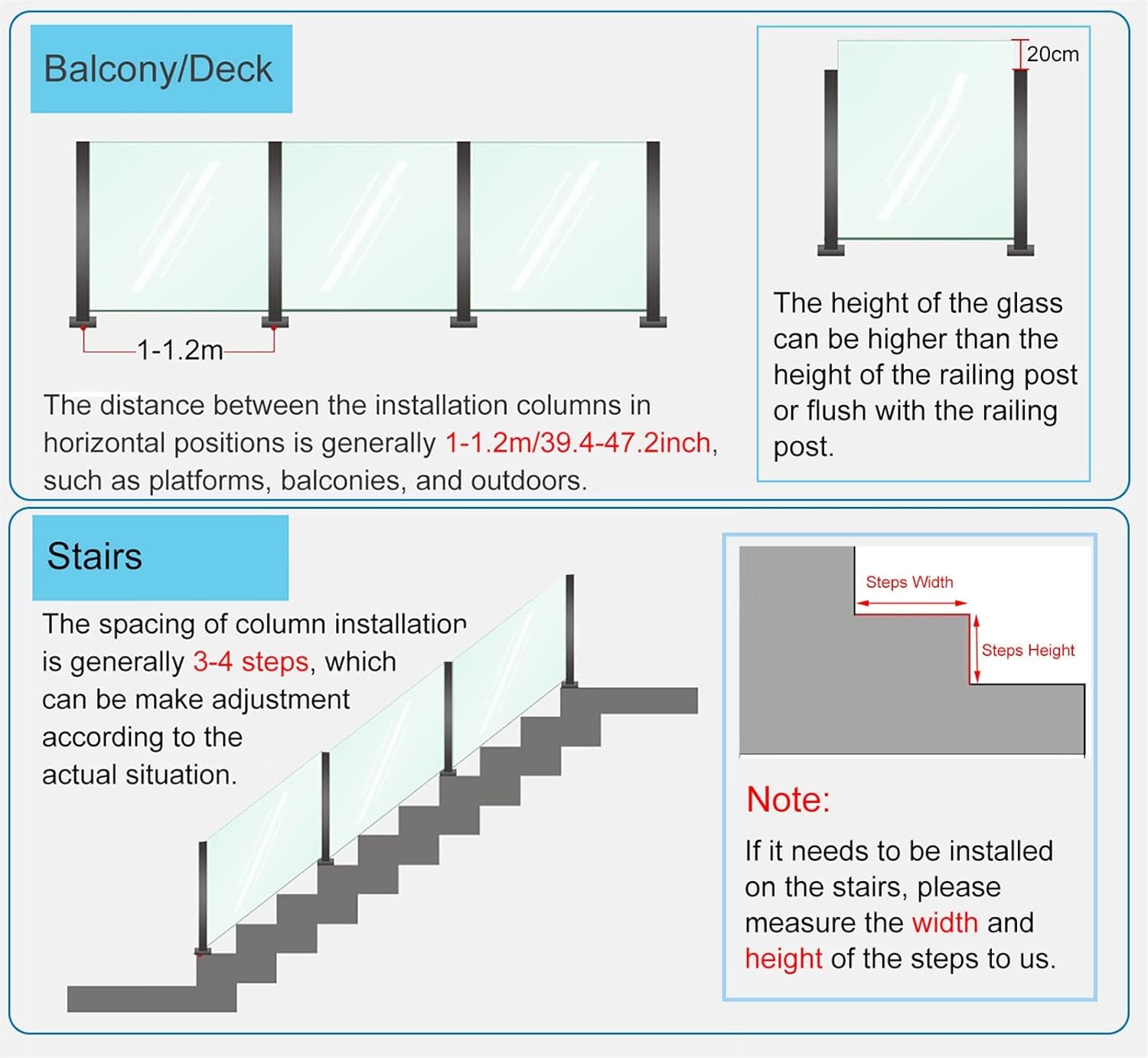 Black Glass Railing Post Stems, for Stair Handrail/Guardrail/Attic Balcony/Indoor Outdoor Deck Fence, 34in / 37in / 41in / 45in Tall (Color : Middle Post, Size : 85cm/33.5in)