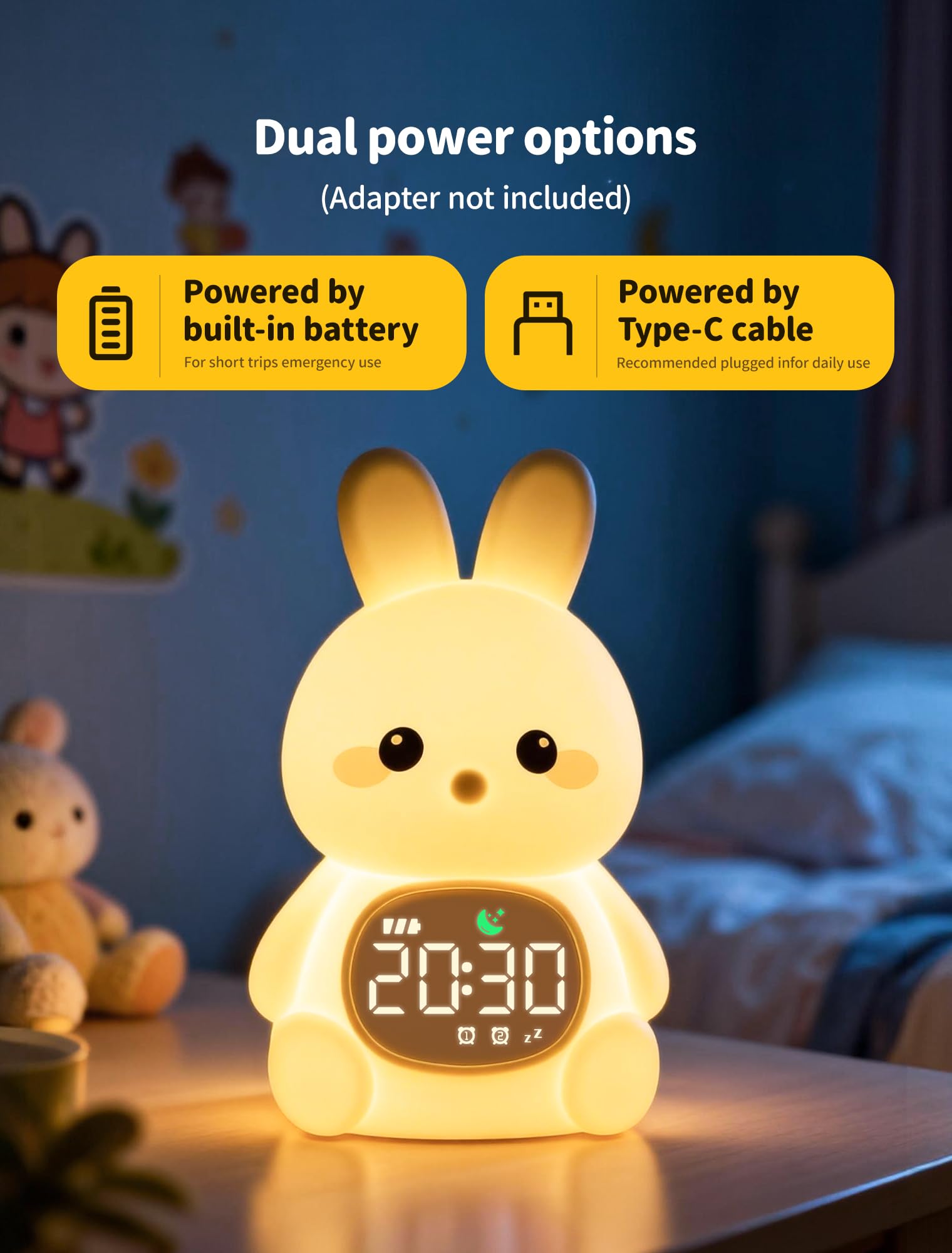 MASHI Reloj despertador de conejo, reloj de entrenamiento para dormir con sol y luna, máquina de sonido para dormir, luces nocturnas, reloj despertador para niños, ideas para niños