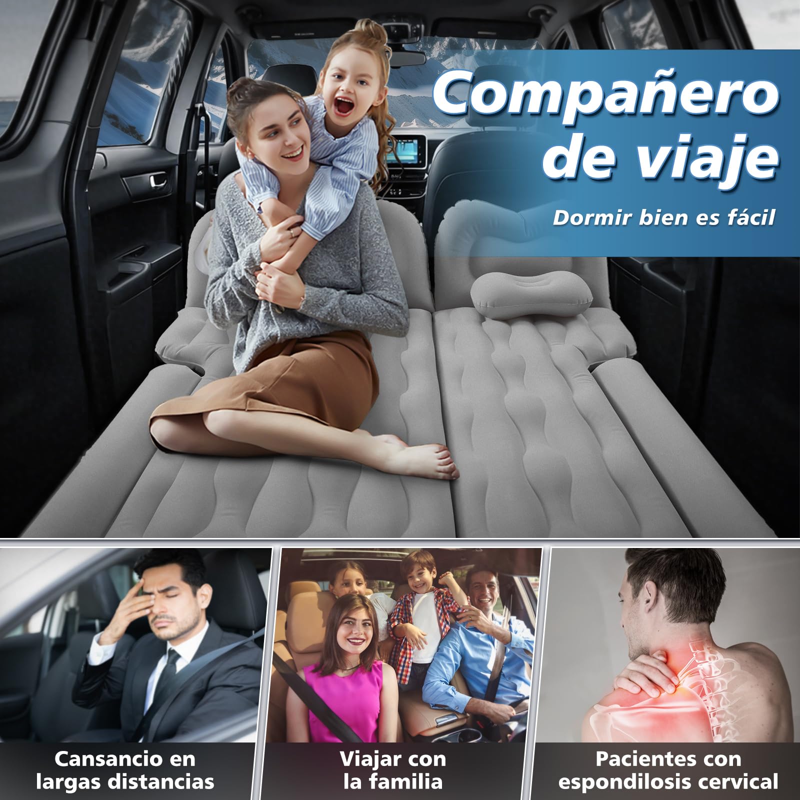 FORMIZON Colchon Coche, 180X140cm Cama Hinchable Coche con Bomba de Aire + 2 Almohadas para Cama del Asiento Trasero del Coche y SUV, Colchón de Aire Coche para Viaje y Camping (Gris)