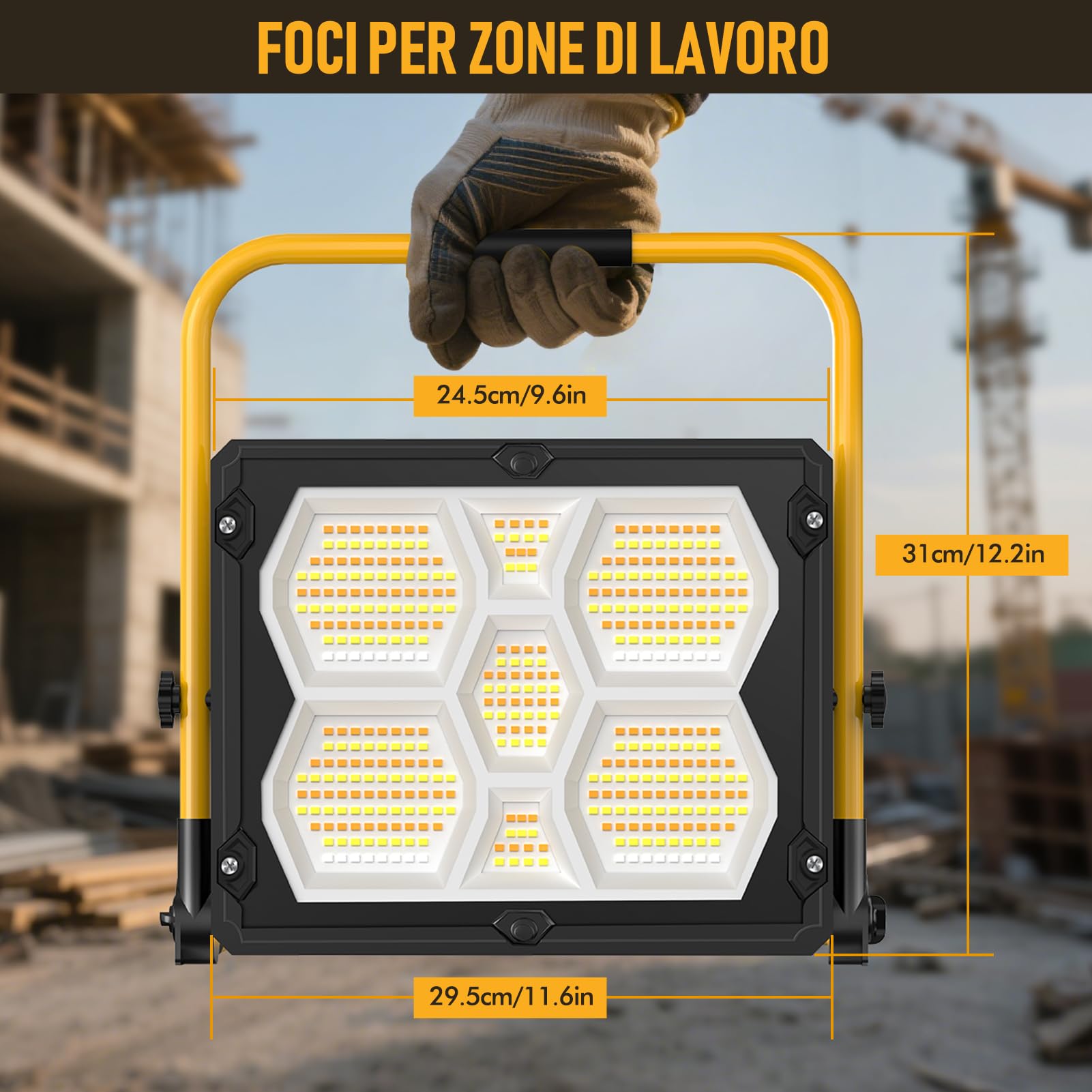 Viugreum150W-Faro Led Ricaricabile, 15000LM Faretto a Batteria con supporto, pannello solare/4 modalità di luce, IP66 impermeabile Faretto LED da costruzione Portatile perofficina, cantiere, campeggio