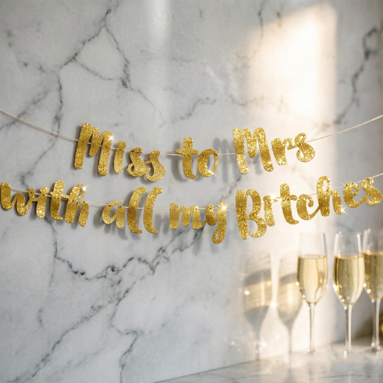 Bride to Be Banner, Glitter Gold Miss to Mrs Banner for Bridal Shower Hen Party Decorations, 2 Meter Pre-Strung Reusable Party Banner