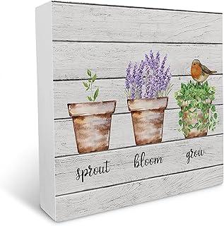 Garden Sprout Bloom Grow Wooden Box Sign Farmhouse Wood Box Sign Spring Art Blocks Desk Shelf Tabletop Home Decor 5x5 Inch