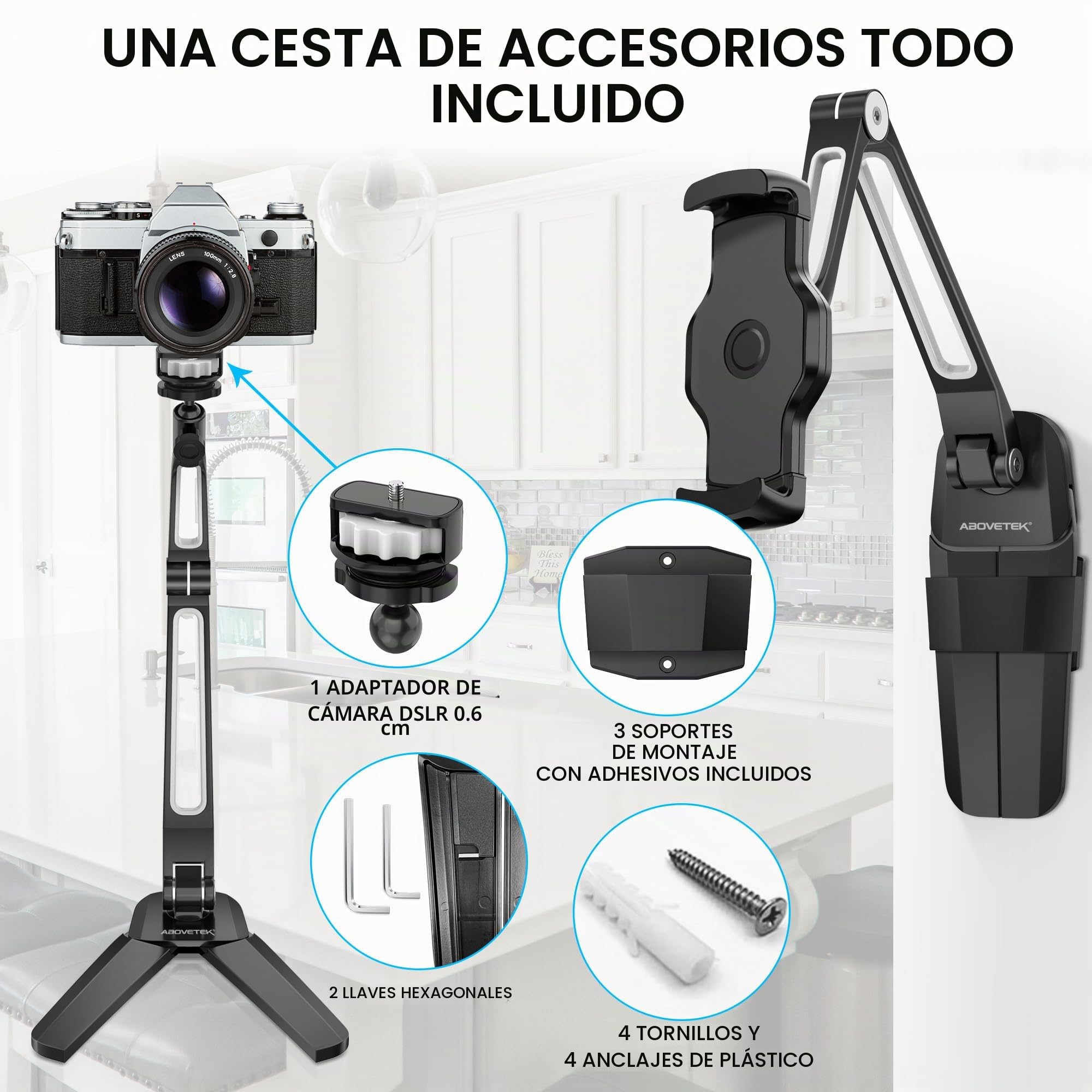 AboveTEK Soporte de Pared para Tablet iPad 3 en 1 - Compatible con iPad de 4.7" a 13.5", Mini, Air, Surface Pro, Móvil - Soporte para Cocina y Mostrador - Negro (Negro)