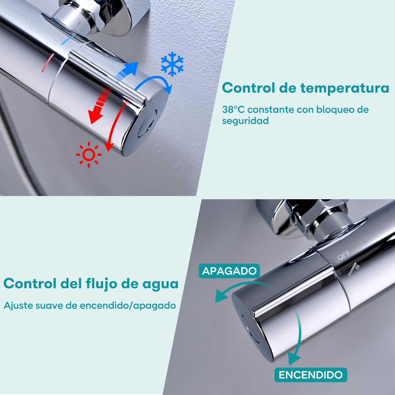 JZX Grifo Ducha Termostático, Grifo Ducha Botón de Seguridad 38°C, Cromado | Grifo de Ducha Termostático de acero Inoxidable, Instalación en Superficie, Termostático Ducha para Ducha y Bañera, Redondo
