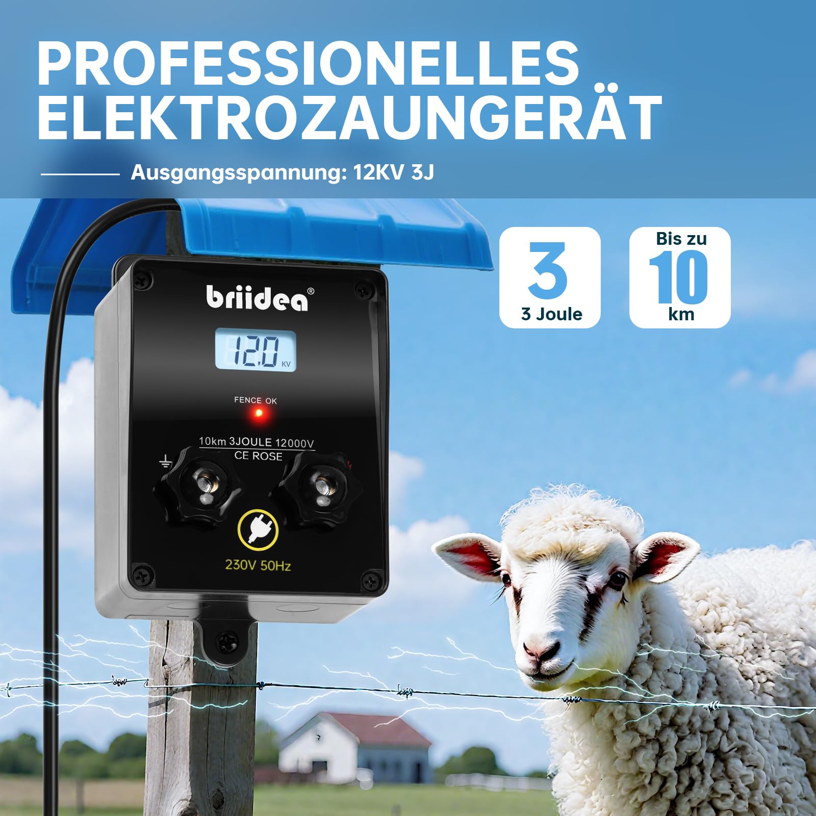 Briidea 12.000 V 3 Joule, caricatore elettrico per recinzione, portata 10 km, protezione sicura ed efficace degli animali da fattoria, giardino e pascolo