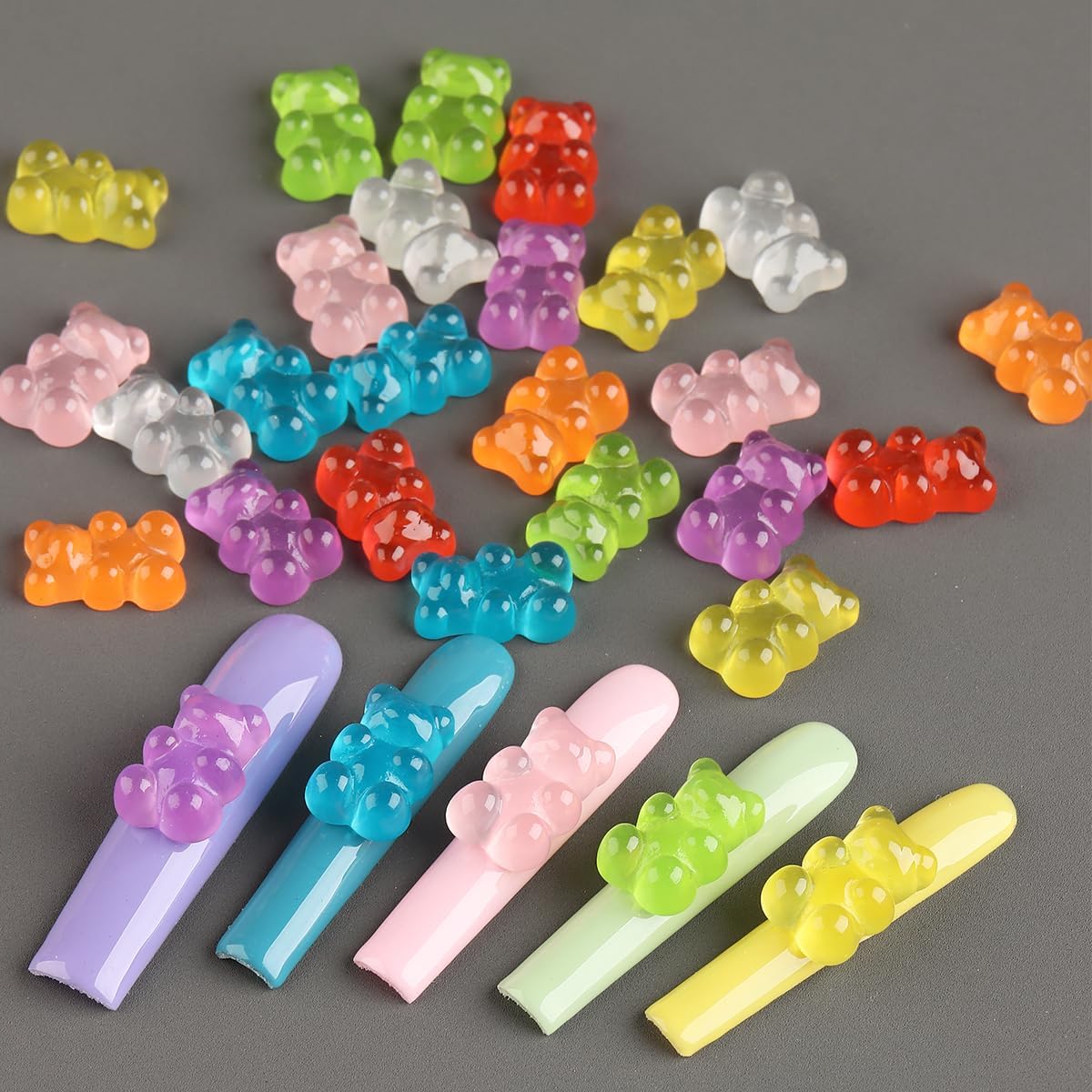 Fcozpjk Gummy Bear Nail Charms, 64PCS Flatback Resin Bear Charms, Glowing in The Dark Nail Decorations, Neon Fake Candy, Kawaii Nails Charms, Ornaments for Slime DIY Craft