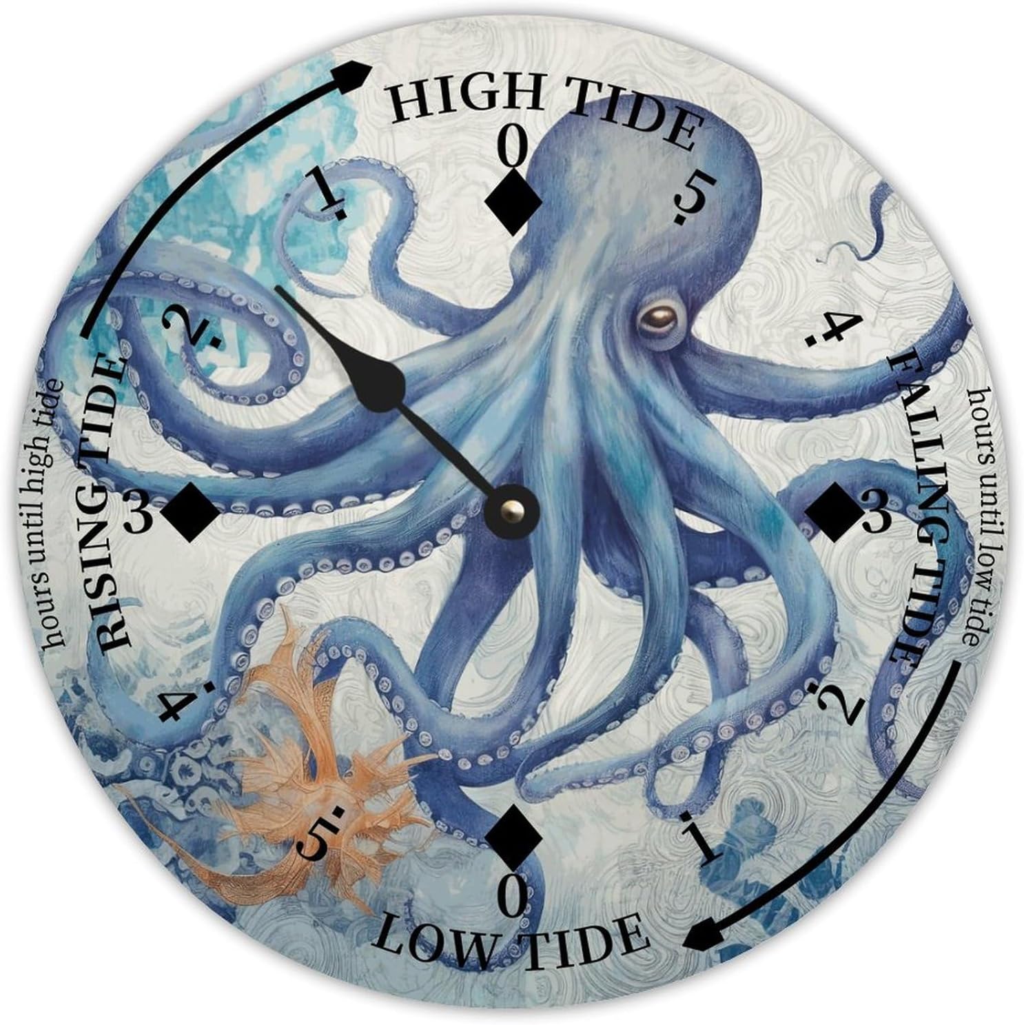 Ocean Octopus Wood Tidal Clock Ocean Time Maritime Coastal Beach High Tide Low Tide Clock Rustic Wooden Nautical Tide Movement Vintage Decor for Beach House Kitchen Wall Art 12x12 in
