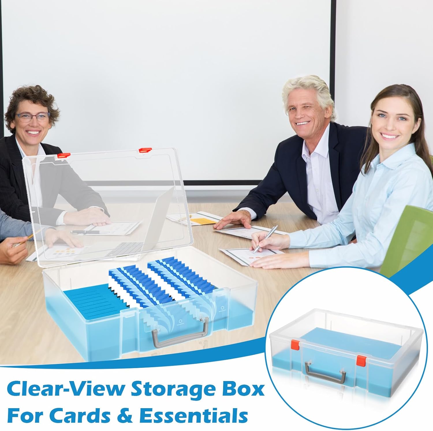 1 Pack Foam Name Badge Holder with Plastic Case Blue Foam Id Badge Holder Name Tag Tray Organizer Box with 48 Name Card Holders Badge Display Storage for Desk Office School
