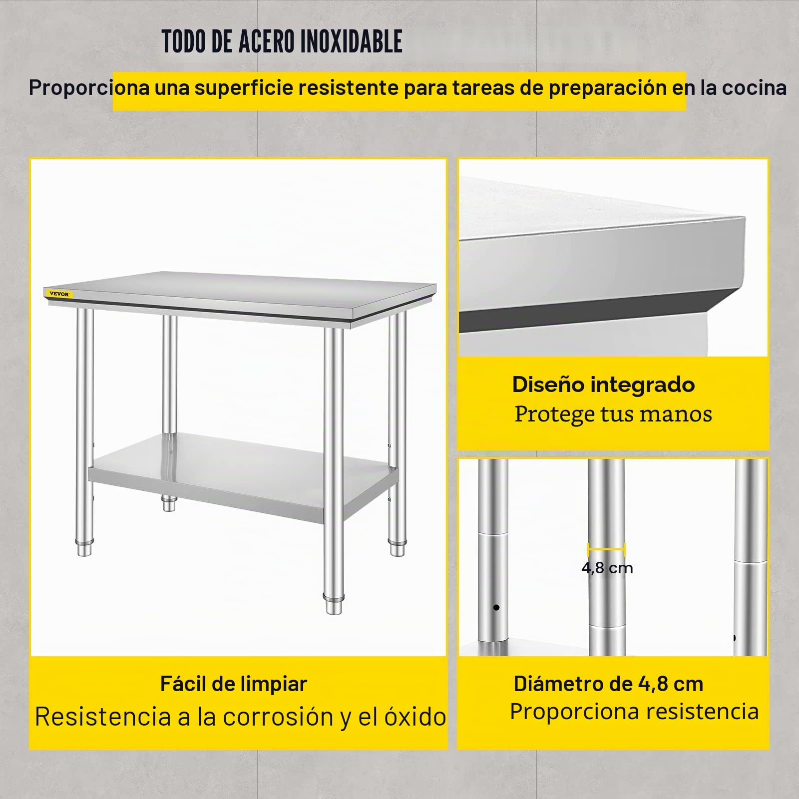 VEVOR Mesa de Trabajo Cocina INOX, Encimera de Trabajo Cocina en 2 Plantas, Mesa de Trabajo de Acero Inoxidable para Preparación de Cocina de Alimentos de Comidas Hoteles Oficinas Hospitales