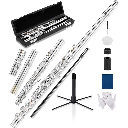 AKLOT Closed-Hole Concert C Flute: Flute Instrument with 16 Keys, Offset G, Smooth Silver-Plated Keys, Air-Tight Pads, Include Stylish Leather Hard Case, Cleaning Kit, Stand, Gloves (LUM-MV)
