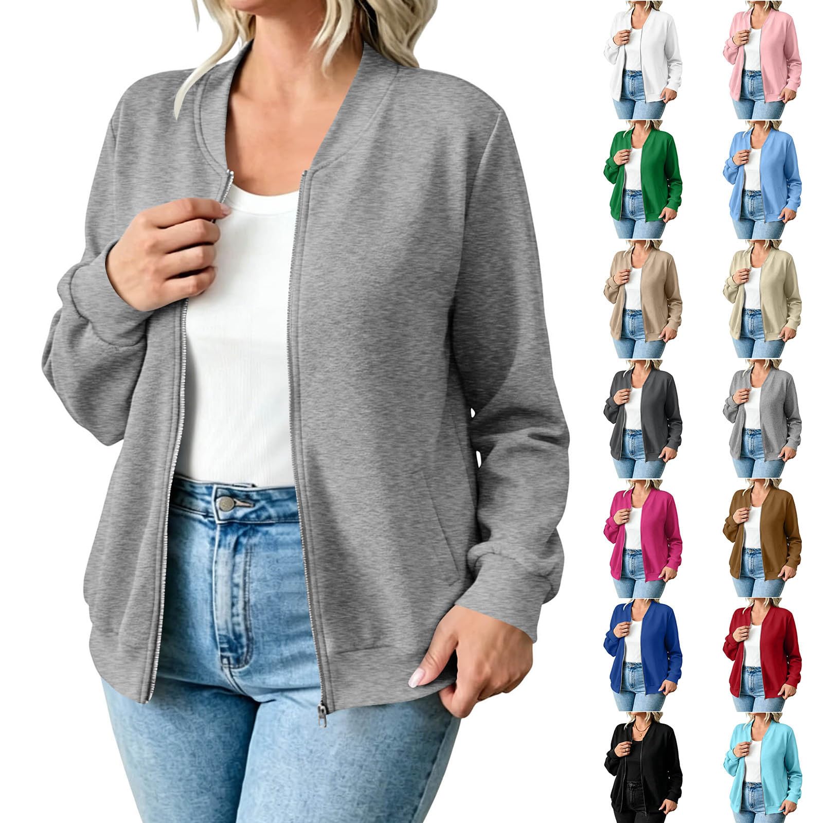 Sweatjacke Damen Leichte Übergangsjacke mit Reißverschluss Sportliche Bomberjacke mit Taschen Mode Einfarbig College Jacke Locker Lässige Trainingsjacke Vintage Y2K Fliegerjacke Baumwolle Sportjacke
