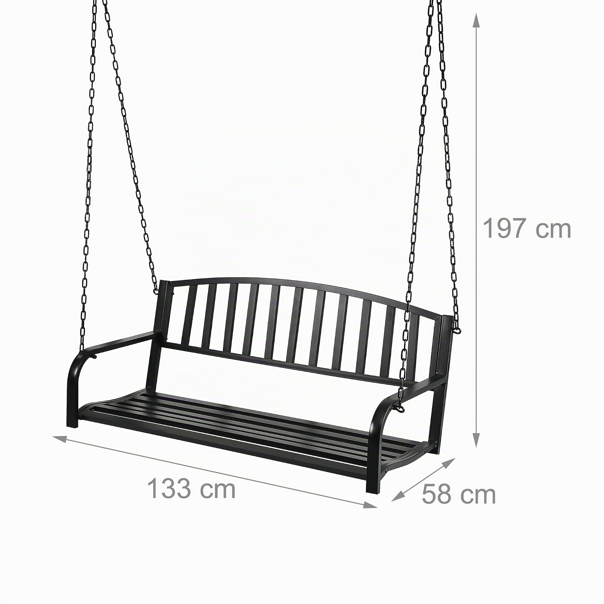 Banco Colgante Relaxdays, 2 plazas, Acero, Hierro Fundido, HxBxT: 197 x 133 x 58 cm, Columpio Exterior, Color Negro