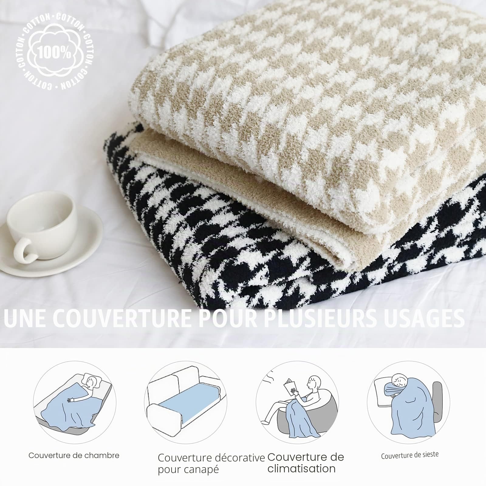 LumiSyne Plaid Polaire Style Simple Classique Motif Zèbre Pied De Poule Douillette Doux Couverture pour Canapé Lit Chaud Jetés De Lit Peluche Salon Voyage 170x130cm