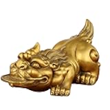 Brass Pi Yao Statue 17cm Feng Shui Wealth Statue Golden Pi Yao Biting Ancient Coin Antique Metal Art Garden Yard Sculpture Money Attraction Amulet for Business Counter Windfall Luck