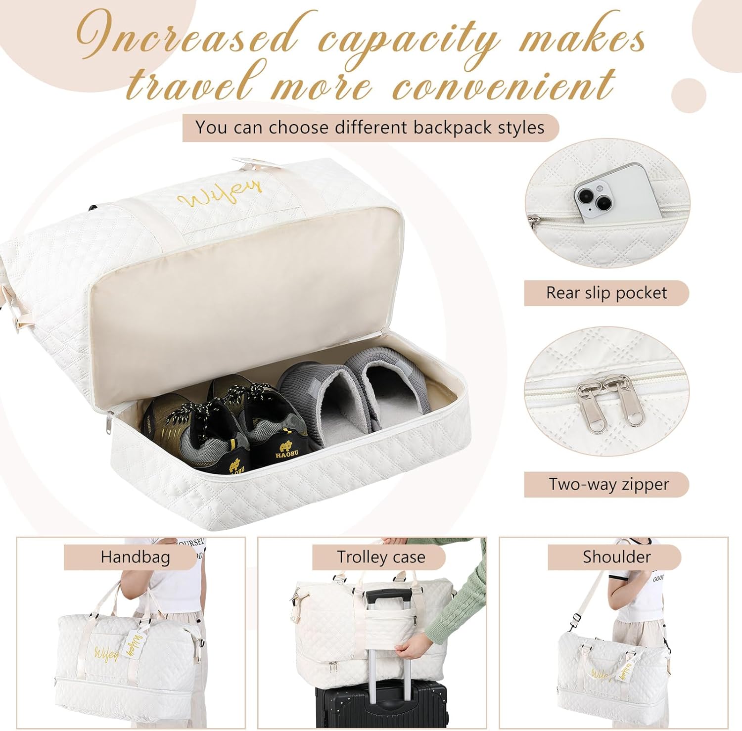 4 Pcs Duffel Bag Set Include 2 Honeymoon Travel Bags with Shoe Compartment and 2 Luggage Tags(Hubby and Wifey,Black,White) - Image 4