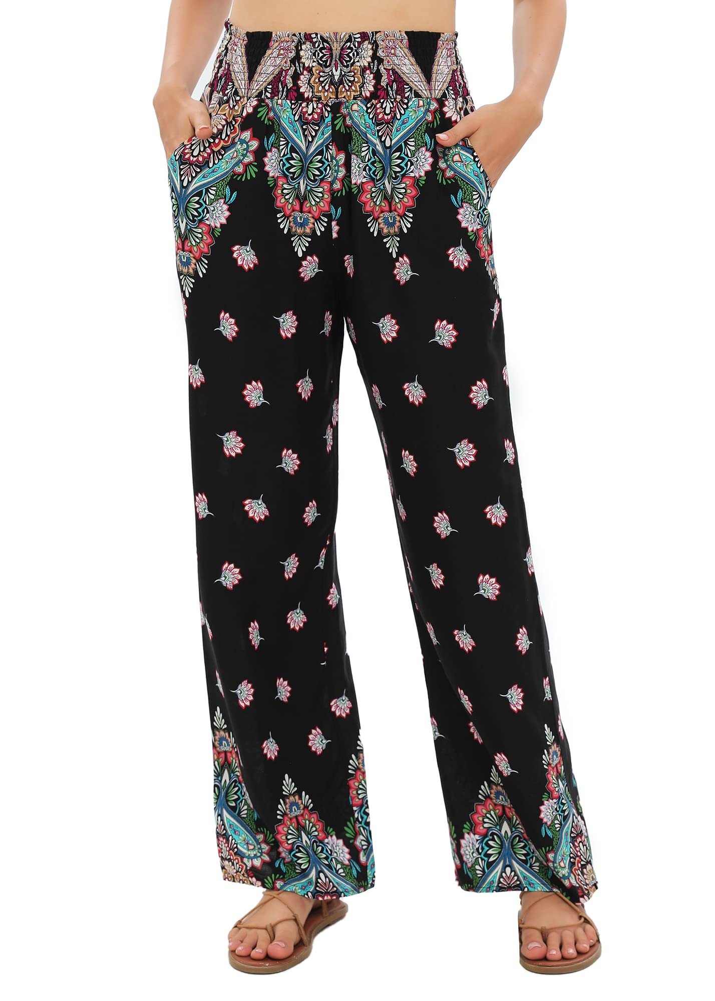 Urban CoCoWomen's Elastic High Waist Boho Floral Print Pants Palazzo Wide Leg Lounge Pants