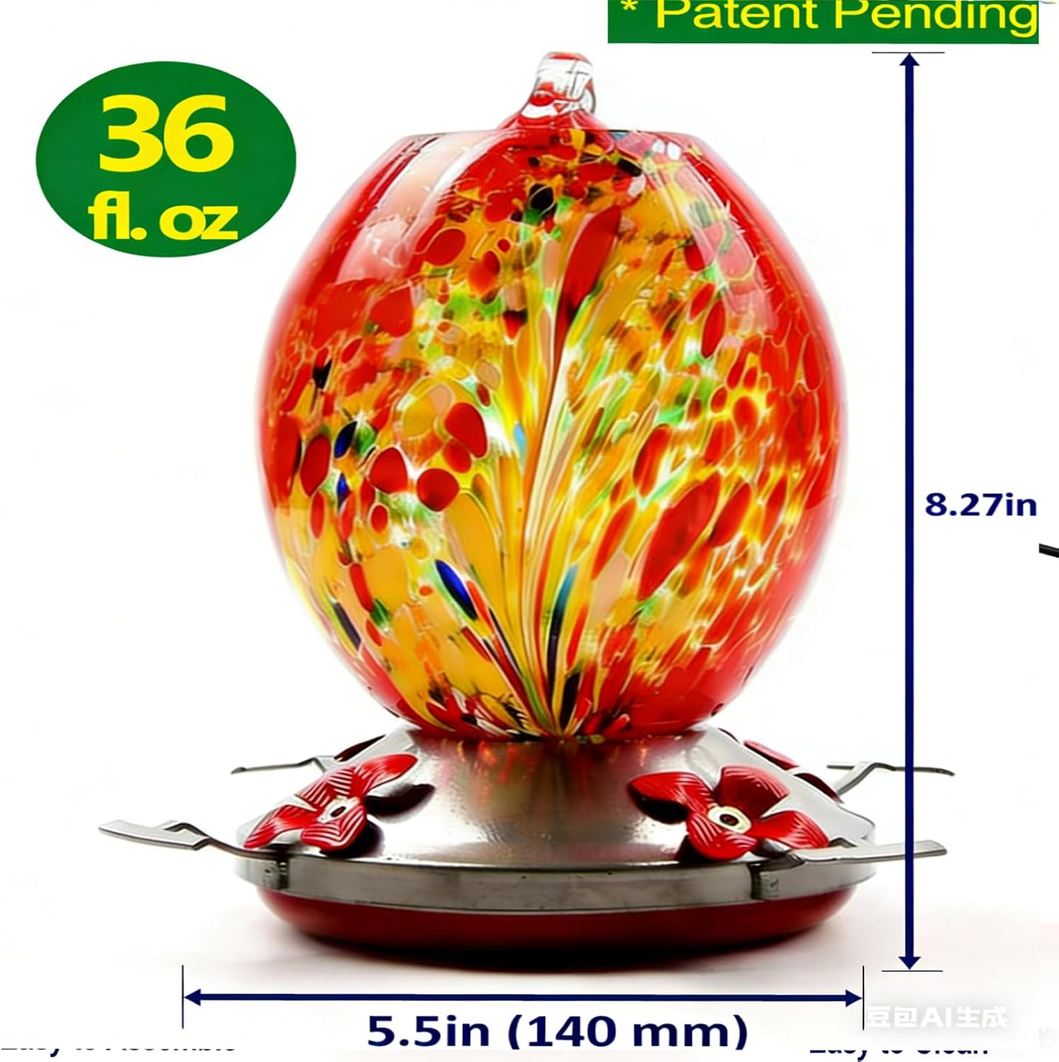 8.27" Hand Blown Glass Hummingbird Feeders for Outdoors - Red Phoenix Humming Bird Feeder with Ant Moat & 4 Metal Perches - Unique Garden Decor Gifts for Mom, Women, Bird Lovers