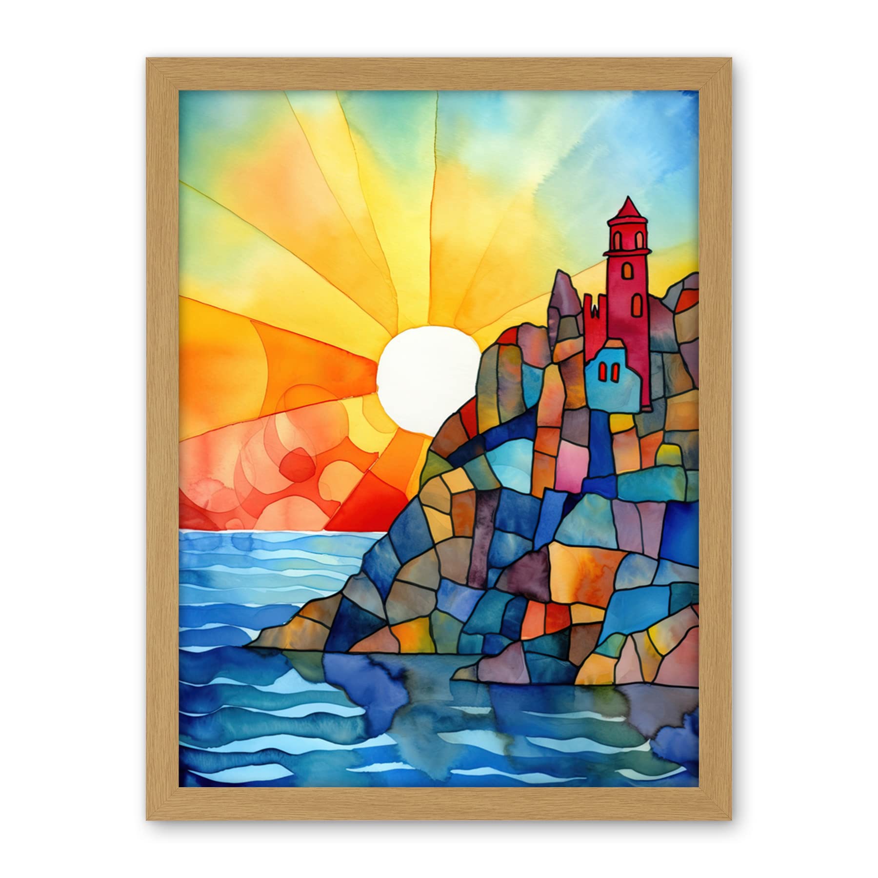 Artery8 Sunset Coastal Cliffs Lighthouse Folk Art Artwork Framed Wall Art Print 18X24 Inch