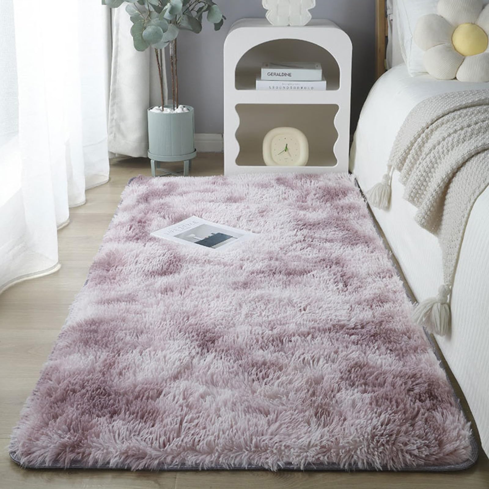 Tapis de salon 305 x 345 cm moderne rose violet unicolore lavable en peluche shaggy