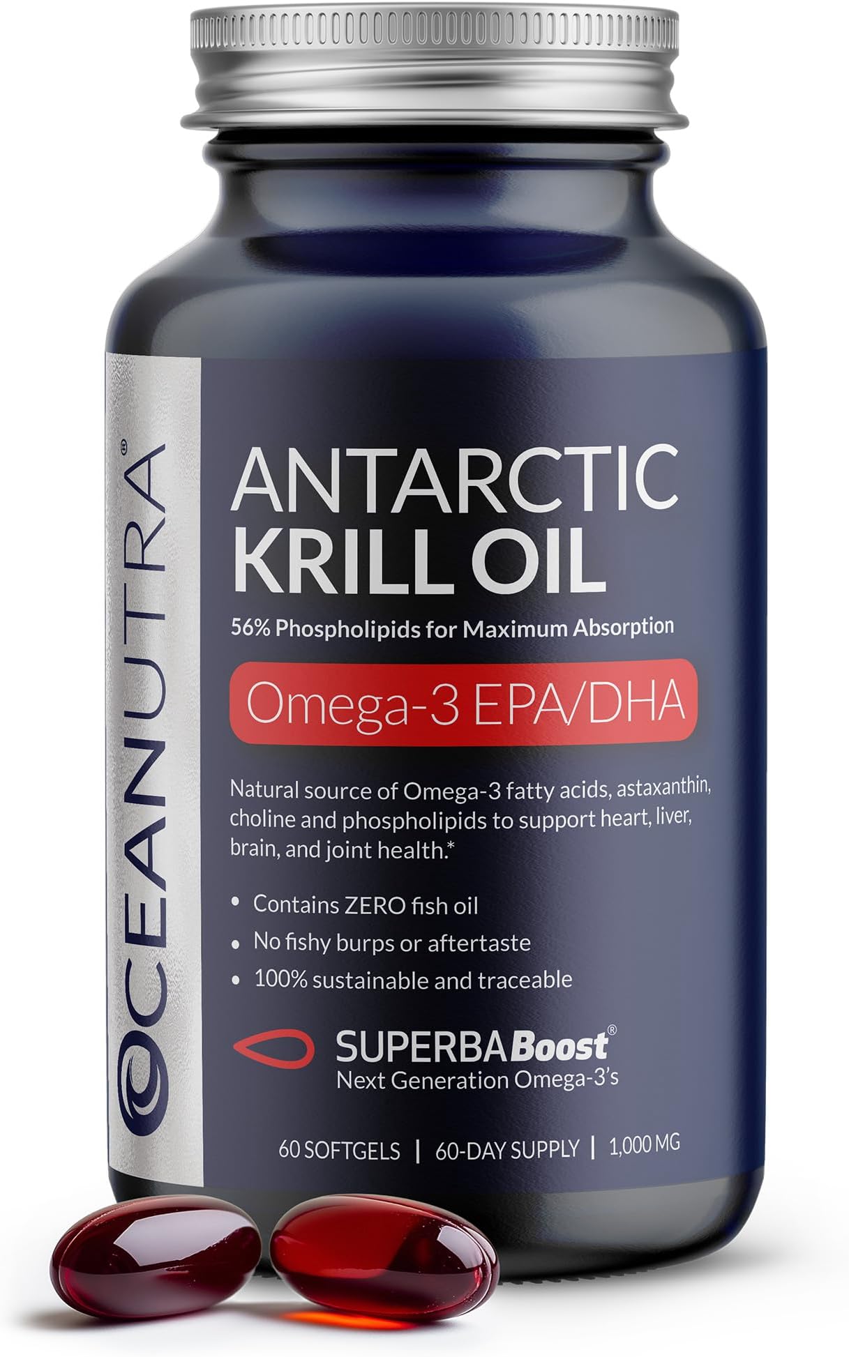 100% Pure Antarctic Krill Oil, 1000mg softgels , Sustainable & Traceable, Supports Heart, Liver, Brain and Joint Health, with Choline and Astaxanthin, 60-Day Supply