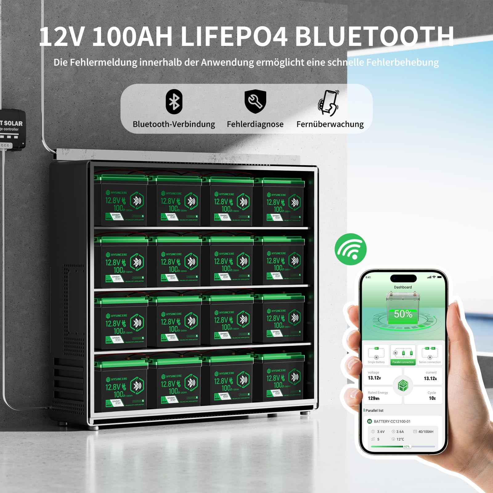 Batería LiFePO4 12V 100Ah con Bluetooth, BMS de 100A Integrado, IP67 Impermeable, hasta 15000 Ciclos, Batería de Ciclo Profundo de Litio para Autocaravana, Solar y Marina