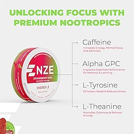 NZE Caffeine Nootropic Pouches (Strawberry Kiwi) - Energy Pouches with 50mg Caffeine, Alpha GPC, L-Tyrosine & L-Theanine - No Sugar or Artificial Sweeteners - 15 Nicotine Free Pouches Per Can - 5 Pack