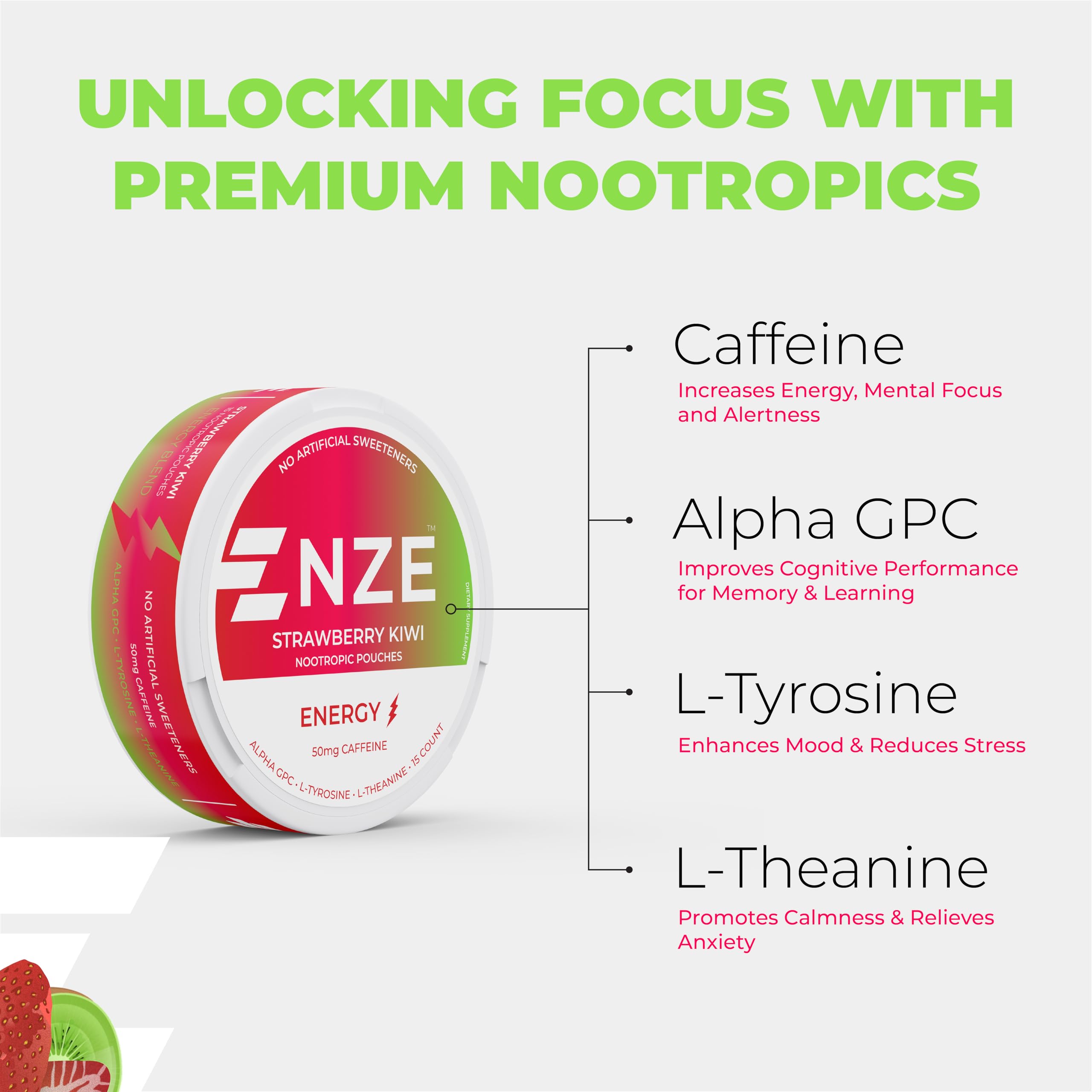 NZE Caffeine Nootropic Pouches (Strawberry Kiwi) - Energy Pouches with 50mg Caffeine, Alpha GPC, L-Tyrosine & L-Theanine - No Sugar or Artificial Sweeteners - 15 Nicotine Free Pouches Per Can - 5 Pack — Amazon image 4