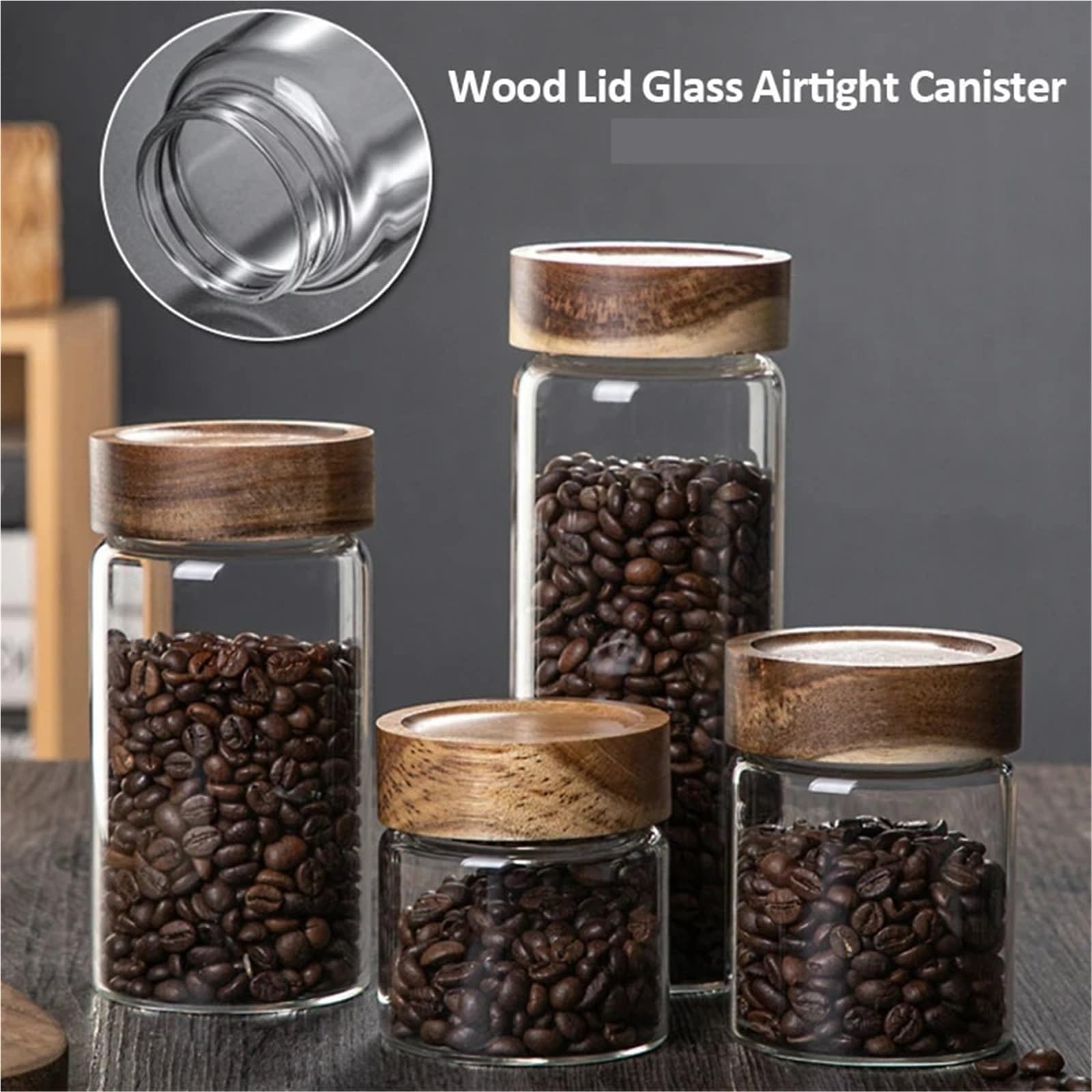 Glasgefäße mit Deckel, Küchen-Aufbewahrungsflaschen, Glas, Holzdeckel, luftdichter Behälter aus Glas, versiegelter Lebensmittelbehälter for Tee, Kaffeebohnen, Getreide, Süßigkeiten, Gläser, Organizer